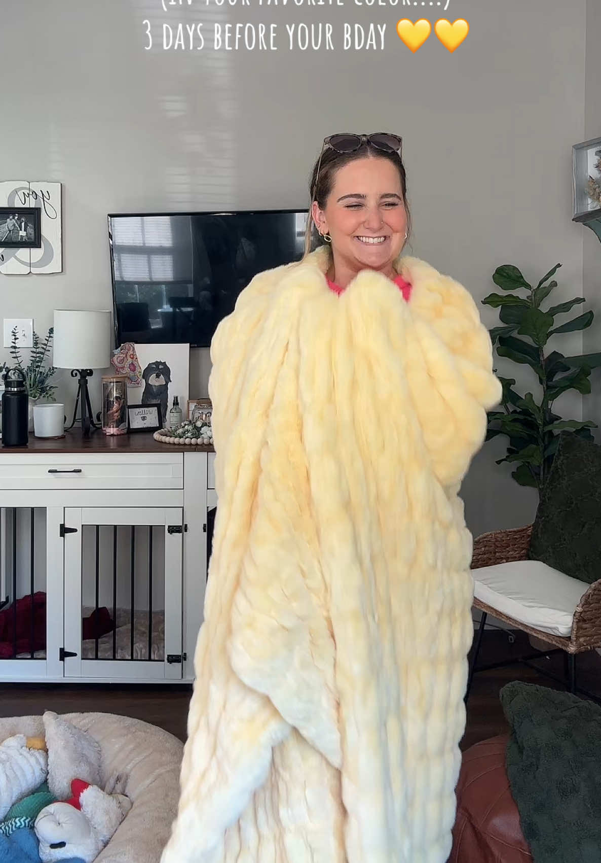 convinced @Minky Couture dropped this for my bday 💛💛 can you tell our dogs love our minkies too🤭👀#minkycouture #minkyblanket #butteryellow #openmypackagewithme #minky 