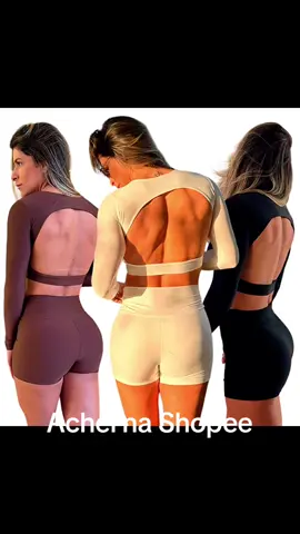 Conjunto Academia Short Curto + Top Manga Longa Cropped Costa Aberta Mini Short Roupa de Academia Treino! ##achadinhos##shoppe##academia##roupafitnes