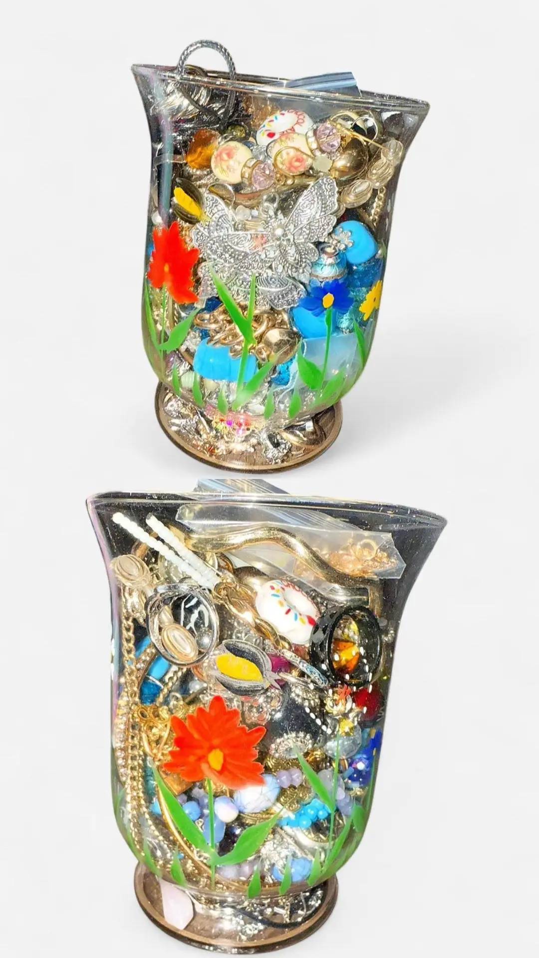 Unique, one-of-a-kind vintage glass vase with a mix of silver, gold, and colorful jewelry pieces jewelry #jewelryvase #mysteryjewelry #jewelry #jewelryjar #fairycore