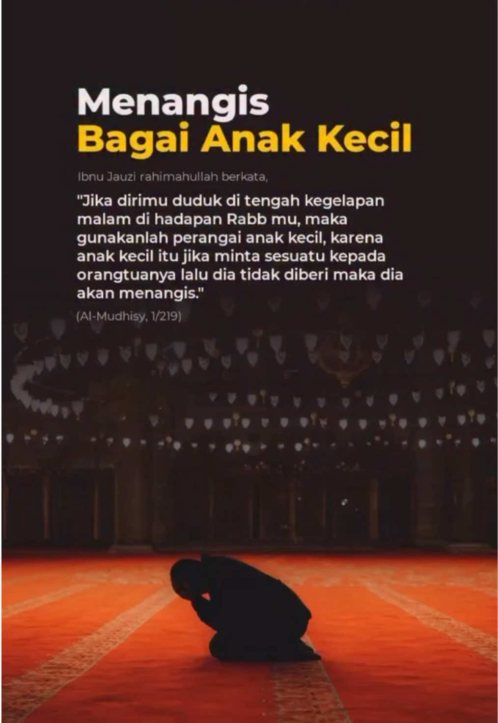 Menangislah kepada Allah Seperti Anak Kecil Pernahkah kamu melihat seorang anak kecil menangis di pelukan ibunya? Tangisannya tulus, tanpa pura-pura. Ia tidak malu mengeluarkan air mata, tidak peduli dilihat orang, karena yang ia tahu hanyalah: “Aku butuh ibuku, aku tak bisa tanpanya.” Begitulah seharusnya kita di hadapan Allah. Menangis bukan tanda lemahnya iman, justru tanda lembutnya hati yang sadar betapa kita bergantung kepada-Nya. Saat hidup terasa berat, jangan gengsi untuk menangis di sajadah. Saat dosa terasa menumpuk, jangan tahan air mata di sujudmu. Menangislah seperti anak kecil jujur, polos, penuh harap, dan percaya bahwa Sang Pemilik Hati akan memeluk kita dengan rahmat-Nya. Allah mencintai hamba yang berdoa dengan hati yang hancur, yang meneteskan air mata karena takut dan rindu kepada-Nya. Rasulullah ﷺ bersabda: 