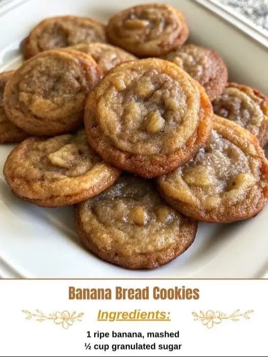 The Best Banana Bread Cookies (6 ingredients!) You will need: 1 ripe banana, mashed 1/2 cup sugar 1/4 cup melted butter 1 cup flour 1/4 tsp baking soda 1/4 tsp salt  Directions: In a bowl, mix the mashed banana, sugar, and melted butter until smooth. Add the flour, baking soda, and salt, stirring until just combined. Drop spoonfuls onto a baking sheet and bake at 350°F for 8-10 minutes, until golden on the edges. Enjoy these soft, sweet bites!