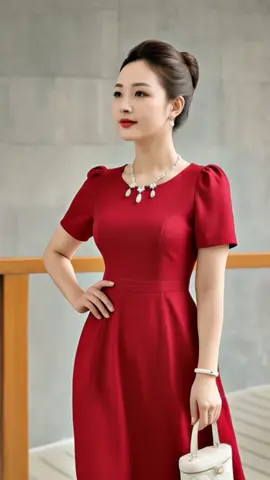Đầm đỏ dáng xòe, tay ngắn, cổ tròn điểm hạt ngọc, tôn dáng trẻ trung và quý phái #thoitrangtrungnien #dotrungnien #damtrungnien #damdutiectrungnien #quatangme 