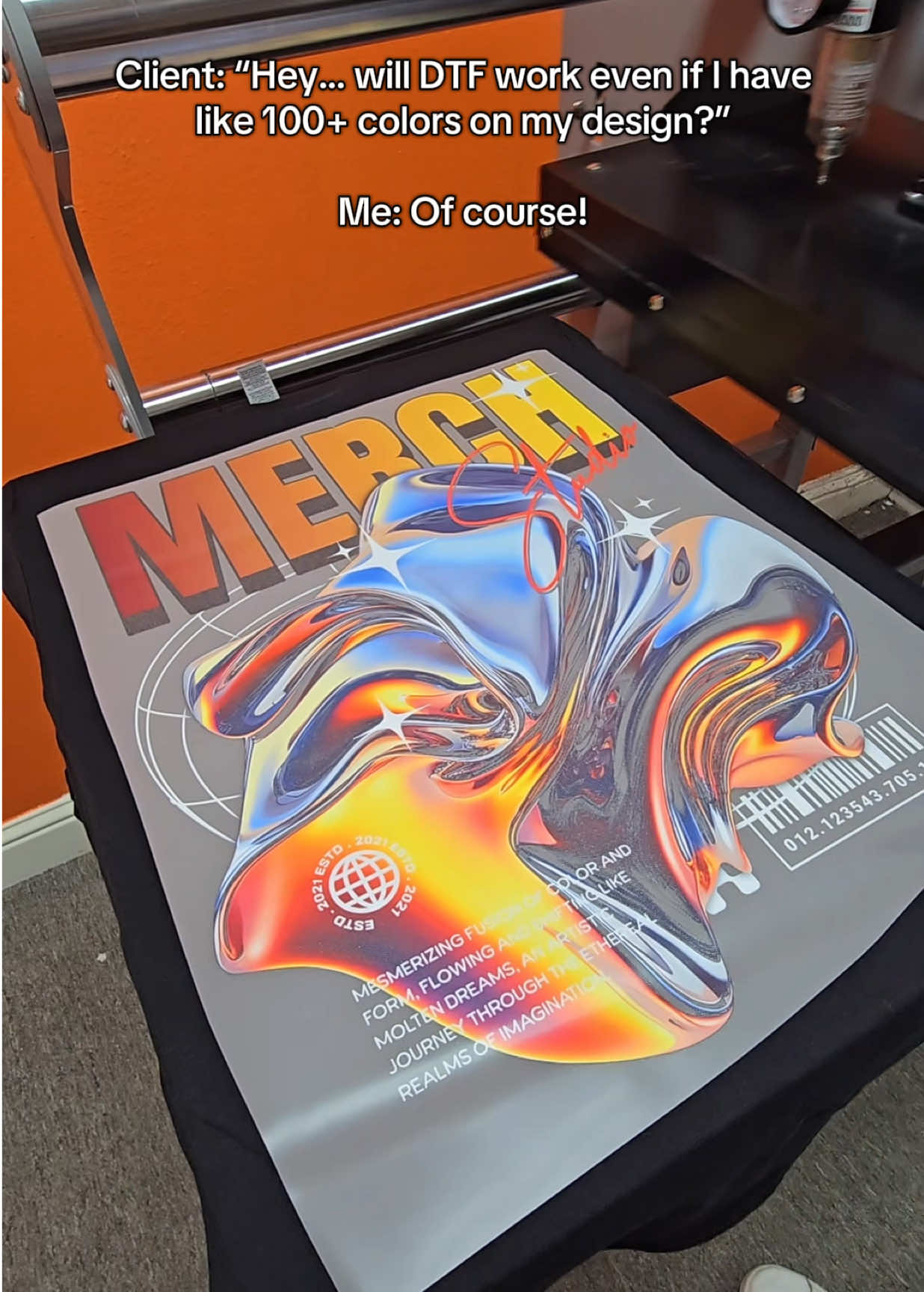 DTF Transfers are build for your designs that has a gazillion colors 😎 #dtfprinter #dtfprinting #dtftransfers #merchstudiodtf #directtofilmprinting 