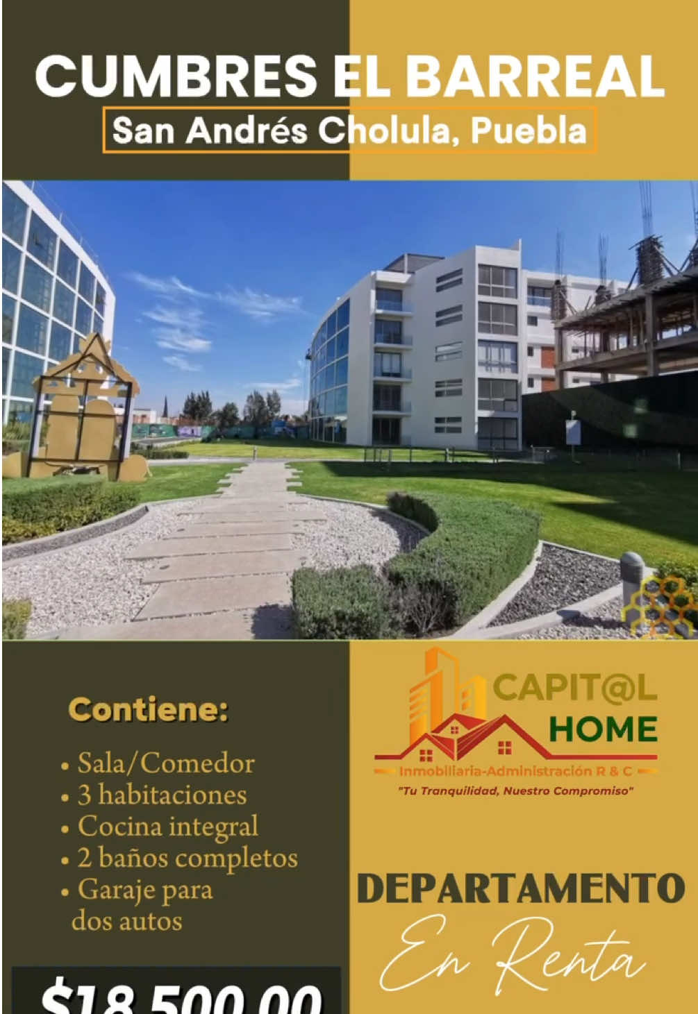 💠 CUMBRES EL BARREAL, SAN ANDRÉS CHOLULA, PUEBLA 💠 ✨ DPTO. EN RENTA 🏢 💰 Renta mensual: $18,500.00 (incluye mantenimiento) ✨ Características del departamento: - 🛋️ Sala equipada  - 🍽️ Comedor acogedor  - 🛏️ 2 habitaciones:    - Principal con baño completo 🚿, cancel de cristal y vestidor 👕    - Secundaria con clóset amplio  - 🍳 Cocina integral equipada con barra desayunador y horno de microondas  - 🧺 Amplia alacena y patio de servicio  - 🚿 2 baños completos con canceles de cristal  - 🪑 Sala recibidor  - 🚗 Garage techado para 2 autos  - ✨ Estupendos acabados  - 🛡️ Seguridad total  🌳 Amenidades del edificio: - 🏊 Alberca  - 🌇 Roof Garden con excelente vista  📞 Informes: (222) 348 80 08 📲 #inmobiliariapuebla #departamentosenpuebla #departamentosenrentapuebla #paratii #fyp 