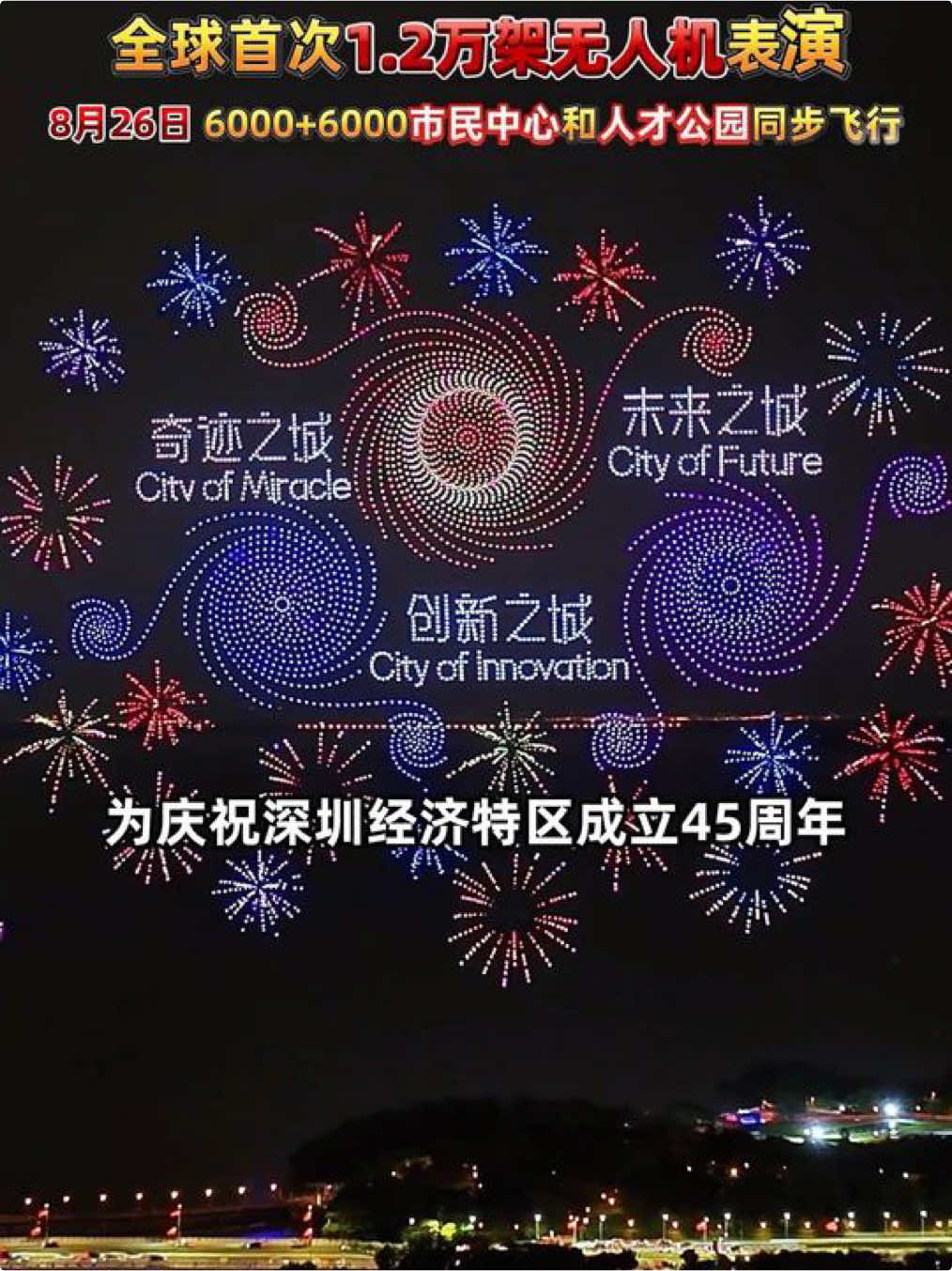 本年度最大的无人机表演来了！为庆祝深圳经济特区成立45周年，深圳市民中心和深圳人才公园将于8月26日晚8点26分同步上演！全球首次1.2架无人机，创历史最大，表演时间高达半小时，且免费不用门票！！！#无人机表演 #无人机 #深圳经济特区成立45周年 #吉尼斯纪录 