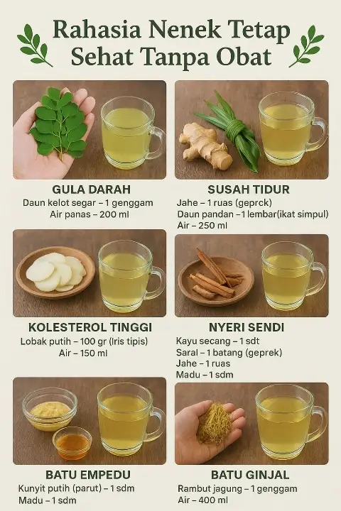 Rahasia Nenek Tetap Sehat Tanpa Ob4t  nih best😍 1. Gula Dar4h Bahan: Daun kelor segar – 1 genggam Air panas – 200 ml Cara Membuat: Seduh daun kelor segar dengan air panas, diamkan 10 menit lalu saring. Manfaat Daun kelor mengandung senyawa isothiocyanate dan antioksidan kuat yang membantu menurunkan kadar gula darah dan meningkatkan sensitivitas insulin. 2. Susah Tidur Bahan: Jahe – 1 ruas (geprek) Daun pandan – 1 lembar (ikat simpul) Air – 250 ml Cara Membuat: Rebus jahe dan daun pandan dalam air hingga mendidih, angkat lalu saring. Manfaat : Jahe memiliki efek relaksasi pada otot, pandan mengandung alkaloid yang membantu menenangkan sistem saraf sehingga tidur lebih nyenyak. 3. Kolesterol Tinggi Bahan: Lobak putih – 100 gr (iris tipis) Air – 150 ml Cara Membuat: Rebus lobak putih dengan air hingga mendidih, saring sebelum diminum. Manfaat Ilmiah: Lobak putih kaya serat, vitamin C, dan senyawa glucosinolate yang membantu menurunkan kolesterol dan menjaga kesehatan jantung. -- 4. Nyeri Sendi Bahan: Kayu secang – 1 sdt Serai – 1 batang (geprek) Jahe – 1 ruas Madu – 1 sdm Air – 300 ml Cara Membuat: Rebus kayu secang, serai, dan jahe dengan air, setelah agak hangat tambahkan madu. Manfaa Kayu secang kaya flavonoid dan antosianin anti-inflamasi, jahe mengandung gingerol pereda nyeri, madu bersifat antioksidan, kombinasi ini membantu mengurangi radang sendi. -- 5. Batu Emp3du Bahan: Kunyit putih (parut) – 1 sdm Madu – 1 sdm Air panas – 200 ml Cara Membuat: Seduh kunyit putih dengan air panas, tambahkan madu, aduk rata lalu saring. Manfaat  Kunyit putih mengandung kurkuminoid dan zat antiradang yang mendukung fungsi hati serta membantu meluruhkan endapan empedu. --- 6. Batu Ginjal4l Bahan: Rambut jagung – 1 genggam Air – 400 ml Cara Membuat Rebus rambut jagung dalam air hingga tersisa setengahnya, saring lalu minum hangat. Manfaat : Rambut jagung bersifat diuretik alami, membantu melancarkan aliran urin, mengurangi pembentukan batu ginjal, dan membersihkan saluran kemih. #fyp  #trending 