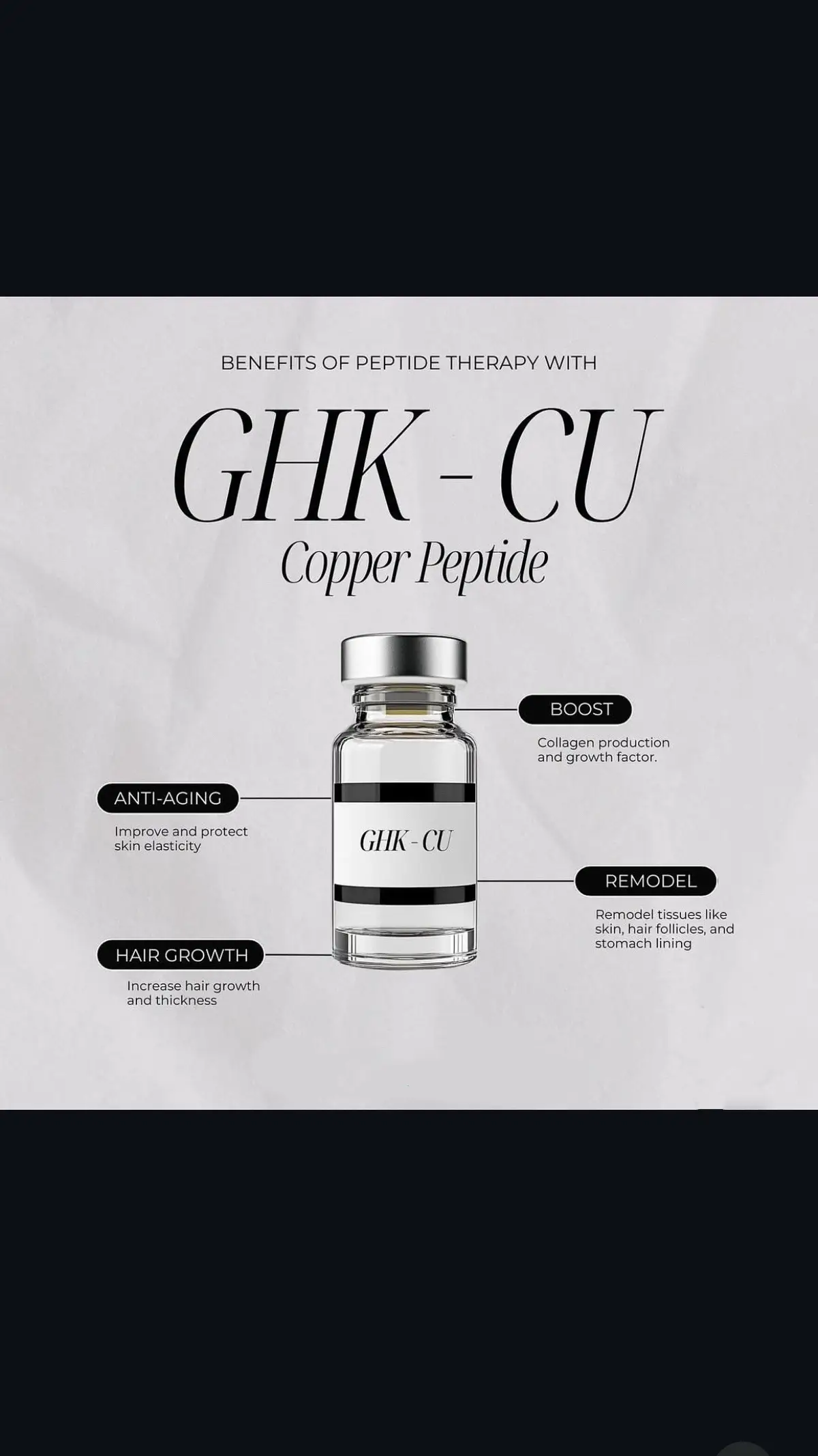 The power of,GHK-Cu (Copper Peptide) skin elasticity This superstar ingredient is known to: + Boost collagen & elastin + Smooth fine lines & wrinkles + Improve skin tone & textureMD + Stimulate hair growth & scalp health +Support healing & reduce inflammation #CopperPeptides #GHKCu #SkinScience #YouthfulGlow #HairGrowth   