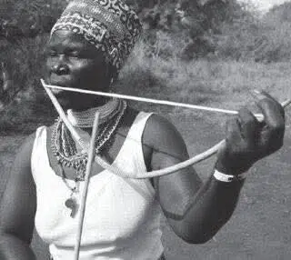 The musical bows are supposedly native southern African musical instruments that developed from the hunting bow or in co-evolution with it. Today, different types of musical bows are widely distributed across southern Africa. The wind bows existed amongst all SA native cultures and some of the names for these bows were 'Gora'(Korana), (Tswana) 'kwadi', the (Sotho) 'lesiba', (|Xam) '//ha', (Tsonga) 'zambi', (Xhosa) 'ugwali', (Zulu) 'ugwala'. Other similar instruments also uses a resonator to enhance the sound. Usually, the resonator can be a gourd or the player's mouth. It has different names depending on the playing type (braced and unbraced types) The unbraced mouth version (played away from mouth) is called a !gabus amongst the Korana, the umqangala amongst the Zulu and Swati, and the Umqunge amongst the Mpondo and Xhosa. The Ju/Hoansi call it a ng!ao. The Braced-mouth version (played by placing against the mouth) is called the setolotolo or lesiba amongst the Sotho, isitontolo or umakhweyana amongst the Swati and Zulu and umrhubhe amongst amaXhosa.
