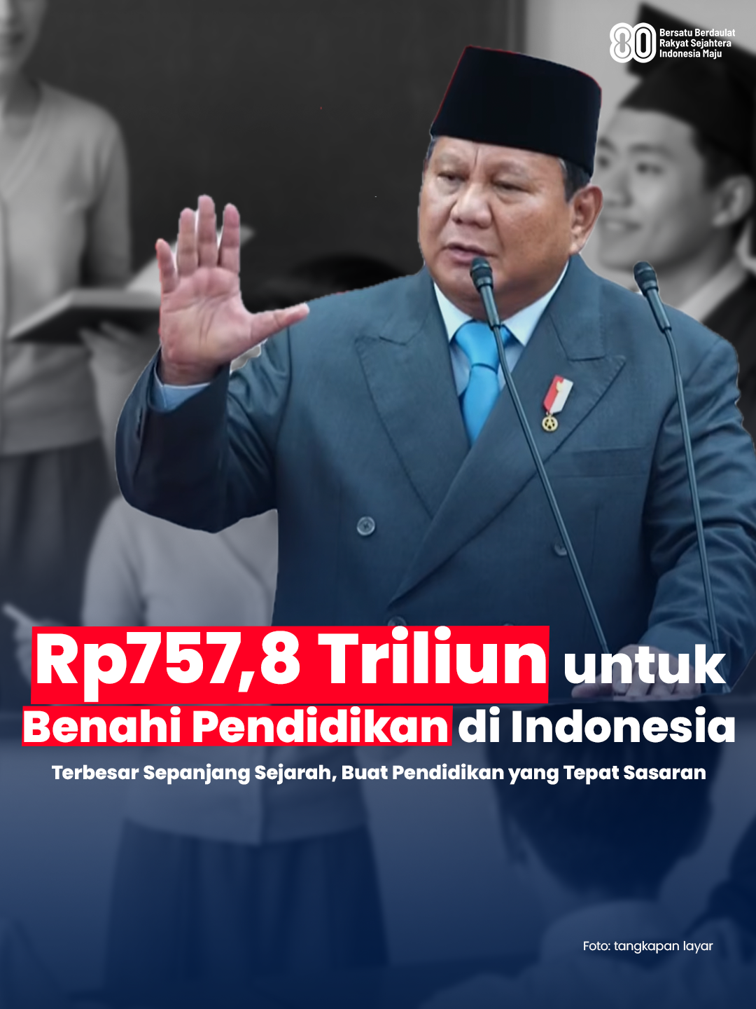 Terbesar Sepanjang Sejarah! Tahun 2026, Pemerintah mengalokasikan Rp757,8 triliun untuk pendidikan — 20% dari APBN. Bukan sekadar besar, tapi tepat sasaran: ✅ Peningkatan kualitas guru ✅ Penguatan pendidikan vokasi ✅ Kurikulum selaras dunia kerja ✅ Beasiswa Indonesia Pintar untuk 21,1 juta siswa “Pendidikan adalah senjata terkuat untuk memutus rantai kemiskinan.” – Presiden Prabowo Subianto #APBN2026 #IndonesiaPintar #PendidikanUntukSemua #PrabowoSubianto #MenujuIndonesiaEmas2045