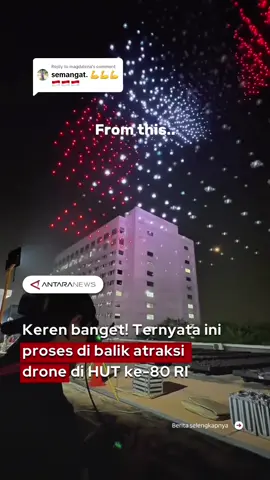 Replying to @magdalena Dalam perayaan HUT ke-80 RI pada Minggu malam (17/8/25) ditutup dengan atraksi yang memukau dari pertunjukan drone dan kembang api di langit sekitar Bundaran HI, Jakarta. Pertunjukan drone tersebut menampilkan berbagai pola mulai dari peta indonesia, teks proklamasi hingga berbagai ilustrasi-ilustrasi program pemerintah. Ternyata di balik atraksi memukau tersebut, seperti inilah proses yang terjadi, di mana drone-drone tersebut dioperasikan oleh perator-operator profesional ini. Wah keren banget yaa, respect mas🫡 🎥 @bapakpebri , @Ryan Fareld  #atraksidrone #dronehutri #hutke80ri #operatodrone #erayaanhutri  