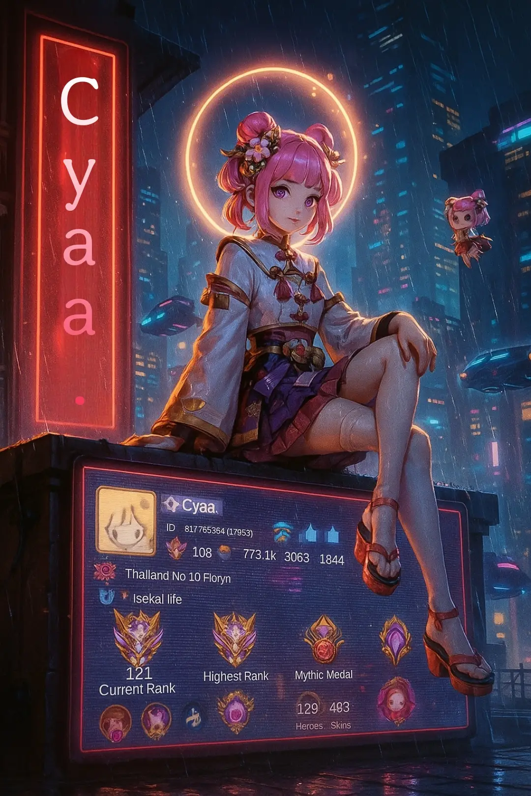 (character should be sitting on top of the building, facing left, and futuristic building, floating futuristic cars, and dazzling rain in the background. add LED Billboard below the character with the profile displayed and a red neon sign on the left with 