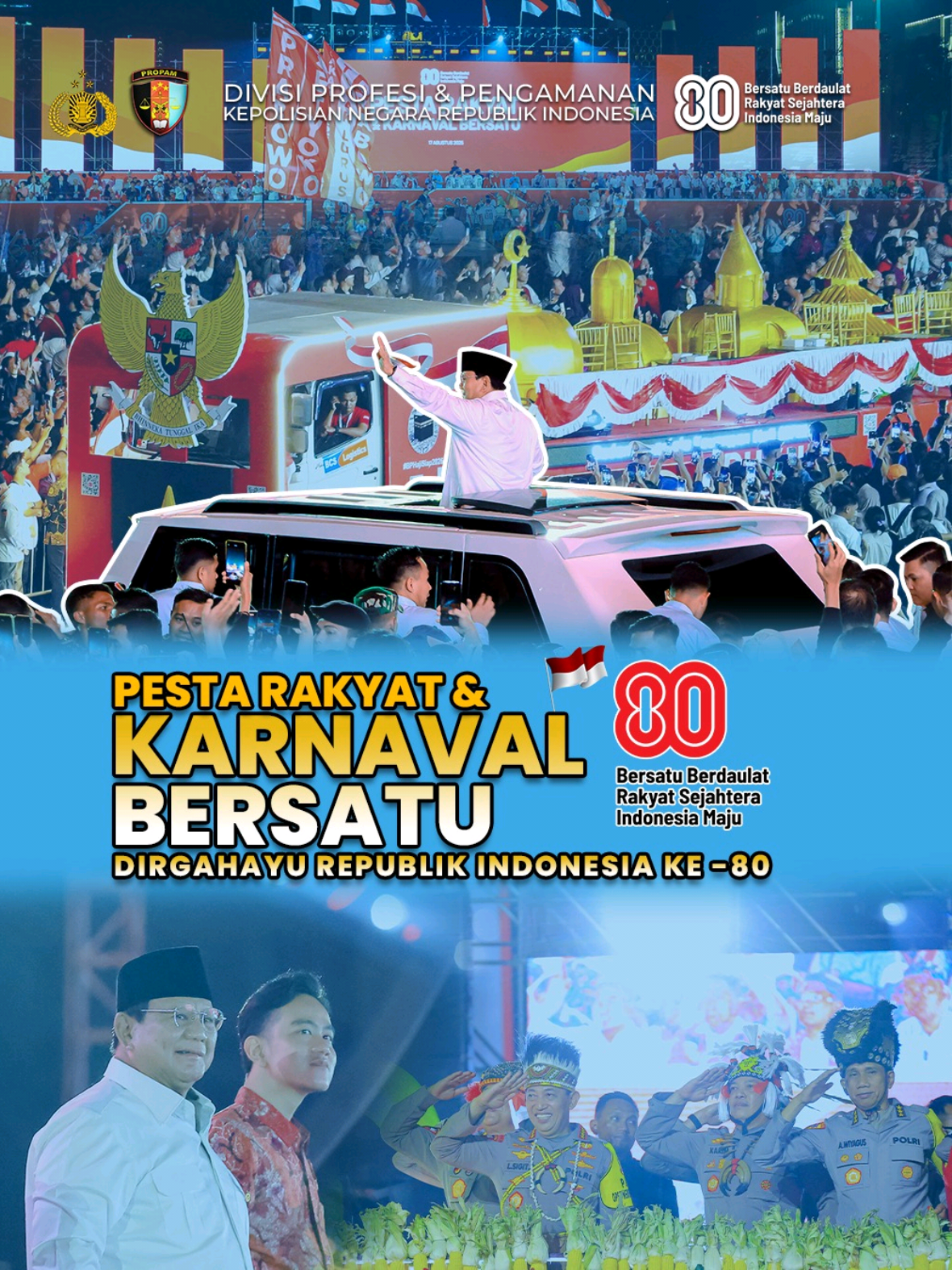 Dalam rangka memperingati Hari Ulang Tahun Republik Indonesia ke-80, saya bersama Bapak Kapolri Jenderal Listyo Sigit Prabowo,M.Si. dan Pejabat Utama (PJU) Mabes Polri turut serta dalam rangkaian Karnaval HUT RI ke-80 dengan penuh semangat dan kebanggaan. Kami berinteraksi langsung dengan masyarakat yang memeriahkan karnaval dan Pesta Rakyat, menyapa dan merasakan langsung antusiasme serta semangat persatuan dan kesatuan yang masih kuat di tengah masyarakat. Kegiatan ini menjadi momentum penting untuk mempererat hubungan antara Polri dan masyarakat, serta meningkatkan kesadaran dan cinta tanah air bagi seluruh rakyat Indonesia. Mari kita terus jaga persatuan dan kesatuan, serta memperkokoh komitmen untuk membangun Indonesia yang lebih baik. Dirgahayu Republik Indonesia ke-80.  #polriuntukmasyarakat #polripresisi #divpropampolri #kadivpropam #HutRepublikIndonesiaKe80 @divisipropampolri_ 