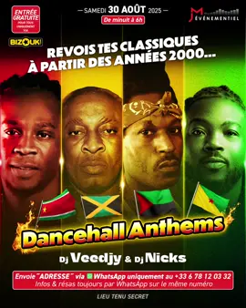 Salut, mes amoureux d’une certaine époque de Dancehall !!!  Je vous attends nombreux le samedi 30 août pour DANCEHALL ANTHEMS !!!! Entrée Gratuite pour tous UNIQUEMENT sur Bizouk  https://my.bizouk.com/dancehall-anthems-plein