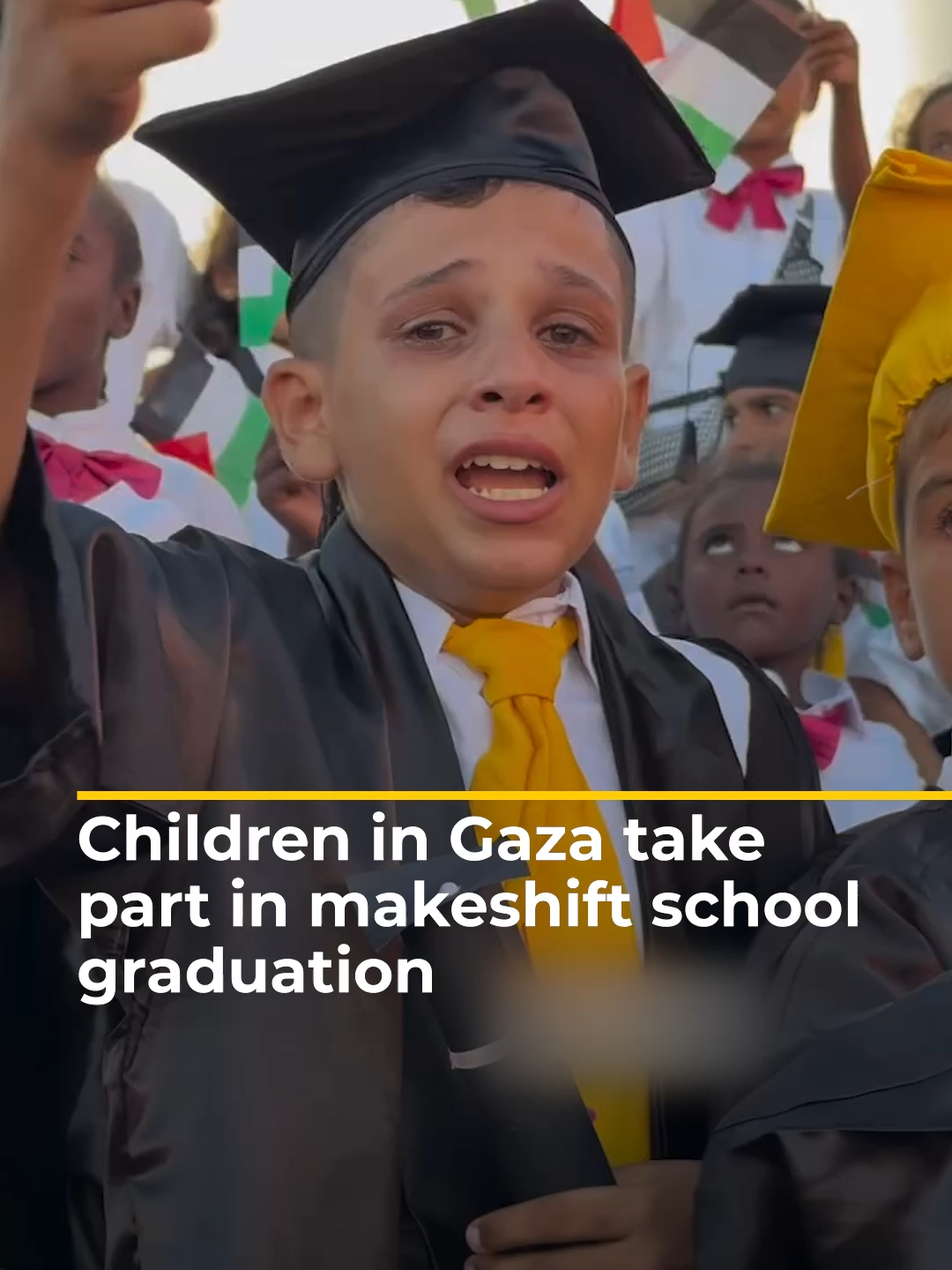 Palestinian children who have lost parents were overcome with emotion as they graduated in a ceremony at Gaza's al-Wafaa Orphan Village. The UN says Israel has damaged 97% of educational facilities in the besieged enclave. #news
