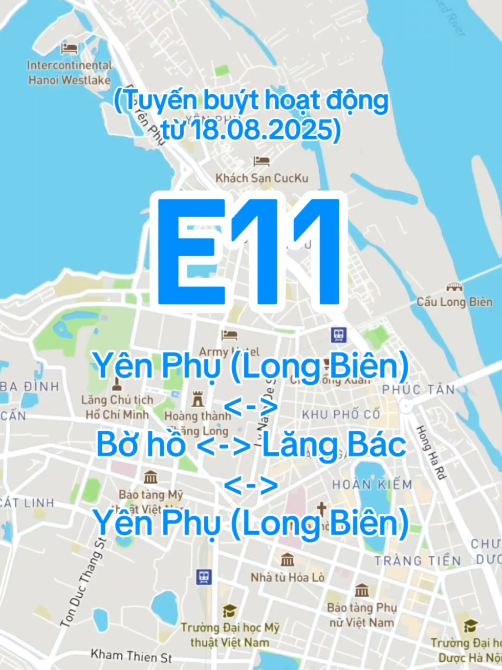 Lộ trình Tuyến E11: Yên Phụ (Long Biên) - Bờ hồ - Lăng Bác - Yên Phụ (Long Biên) (Tuyến buýt hoạt động từ 18/08/2025) #TuyenE11 #fyp #trending #HoHoanKiem #LongBien 
