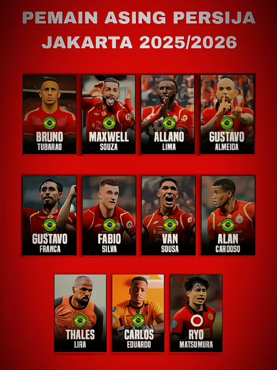 Persija Jakarta telah melengkapi kuota 11 pemain asing untuk musim 2025-2026. 10 dari 🇧🇷 brazil dan 1 dari 🇯🇵 Jepang. 🇧🇷 Bruno Tubarao (30/RW) memilih menggunakan no punggung 88. Masih ada no.9 yang belum terisi?!🤔🧐 Putaran pertama, Persija akan berkekuatan 10 pemain asing Brasil karena Ryo Matsumura (31/AMF) yang harus menepi selama setengah musim. ... Makin banyak opsi, makin cengar cengir aje nih kuchhh🇧🇷 @mauricio_souza_😍😍 #persijajakarta#jakmaniacariu#fyp#persijaday#trending 