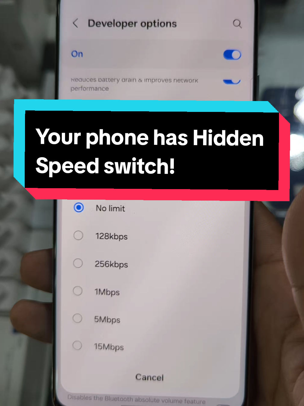 Your phone has Hidden Speed switch. Unlock developers options, set network download rate limit to No limit, then turn on mobile data always active. did it boost your speed. #settings #samsung #network #android #tipsandtricks 