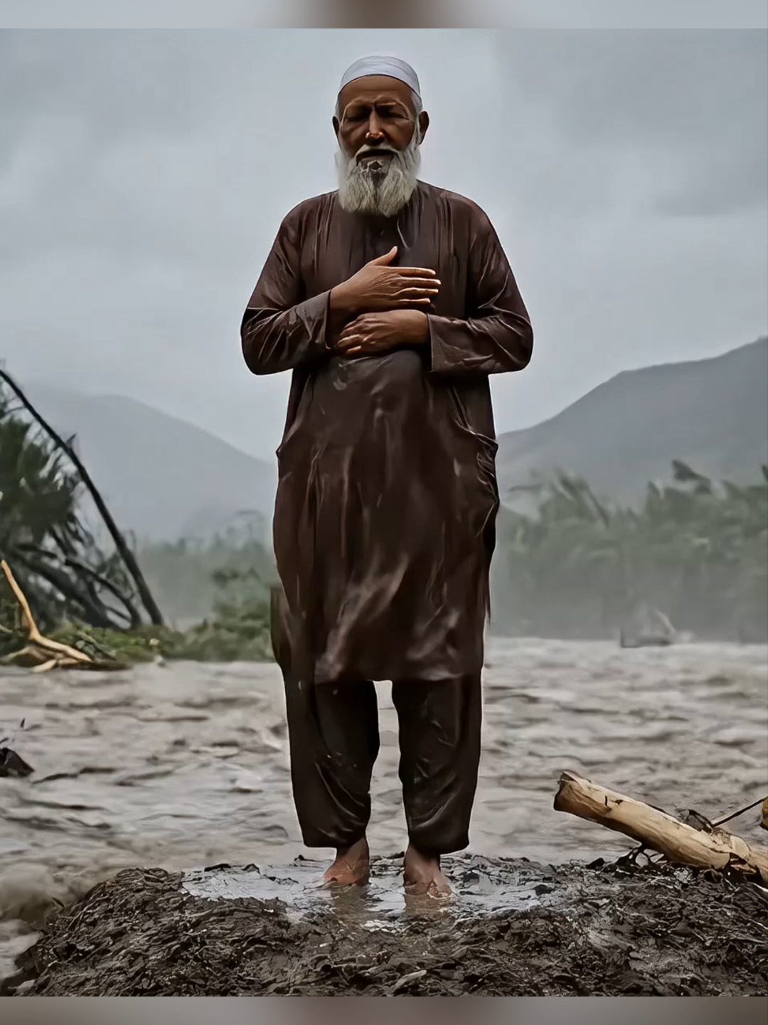 ایک بوڑھا پاکستانی پٹھان بونیر پاکستان میں شدید سیلاب کے دوران نماز پڑھ رہا ہے۔ #flood #tufaan #cloudburst #islamictiktok #pakistani