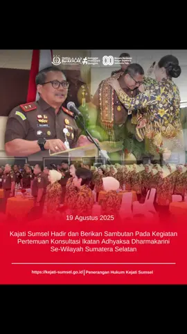 KAJATI SUMSEL HADIR DAN BERIKAN SAMBUTAN PADA KEGIATAN PERTEMUAN KONSULTASI IAD SE-WILAYAH SUMATERA SELATAN KEJATI SUMSEL - Palembang, Selasa 19 Agustus 2025, Kepala Kejaksaan Tinggi Sumatera Selatan Bapak Dr. Yulianto, S.H., M.H. didampingi Ketua Ikatan Adhyaksa Dharmakarini Wilayah Sumatera Selatan memberikan sambutan pada kegiatan Pertemuan Konsultasi (PK) Ikatan Adhyaksa Dharmakarini se- Wilayah Sumatera Selatan yang diselenggarakan di aula kantor Kejaksaan Tinggi Sumatera Selatan. Kegiatan PK ini diselenggarakan dalam rangka melaksanakan koordinasi, konsultasi dan konsolidasi pada setiap tingkat ikatan kepengurusan, diantaranya yaitu antara kepengurusan IAD Wilayah Sumsel dengan kepengurusan IAD Daerah se Wilayah Sumsel. Kajati Sumsel menghimbau kepada seluruh Kajari se-Sumatera Selatan selaku pengawas IAD Daerah agar dapat mendukung aktivitas IAD di daerahnya masing-masing guna mewujudkan visi, misi dan tujuan organisasi IAD secara efektif dan berkualitas. @Kejaksaan.RI  #kejaksaanri #kejatisumateraselatan
