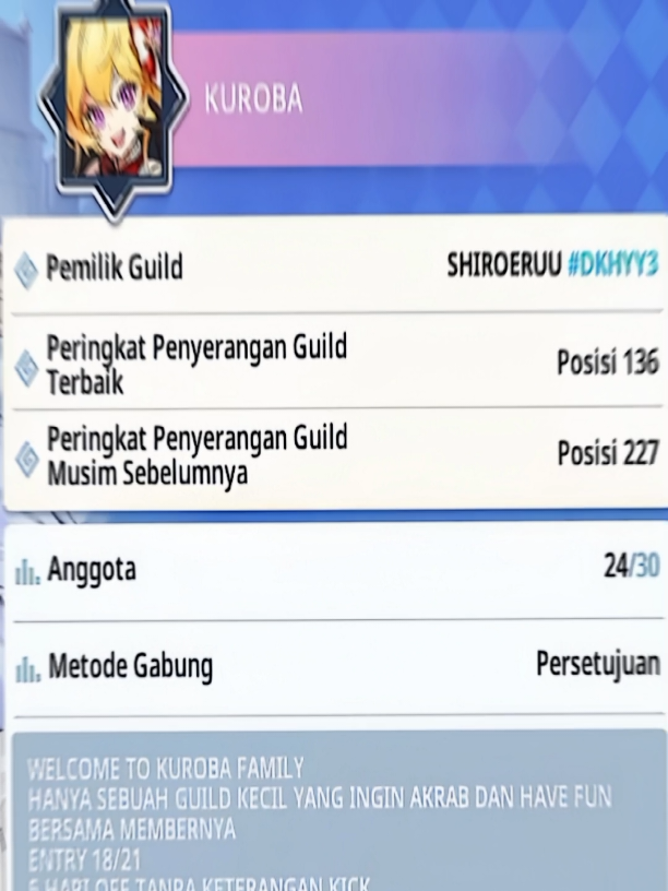 Guild KUROBA OPEN MEMBER GES -Raid minimal 18/21 -Join gc wa guild -Damage Raid min 1b,yang penting rajin raid HANYA GUILD SEMI KOMPE YANG PENGEN FUN DAN AKRAB SESAMA MEMBERNYA😁 #guardiantalesindonesia #guardiantales #guardiantalesedit #fyp #guildguardiantales 
