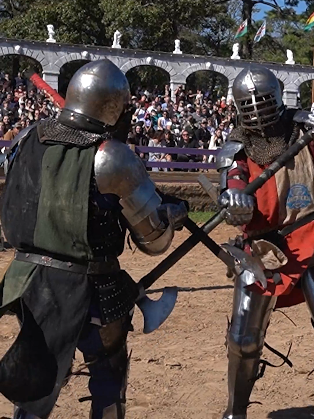 My shoe came off at the end 😂😂😂😂. Me (left, green) vs @Allred.of.the.Mountains (right, red) in a melee duel match with @FullSteelCombat at the @Texas Renaissance Festival ! ..  I wanted him off me if you couldn't tell, wanted to swing my axe, he's bigger, heavier, but, it went how it went lol. Blame the show 😔. ..  . . ..  #fitlikeaknight #buhurt #armoredcombat #liveactionroleplay #medieval 