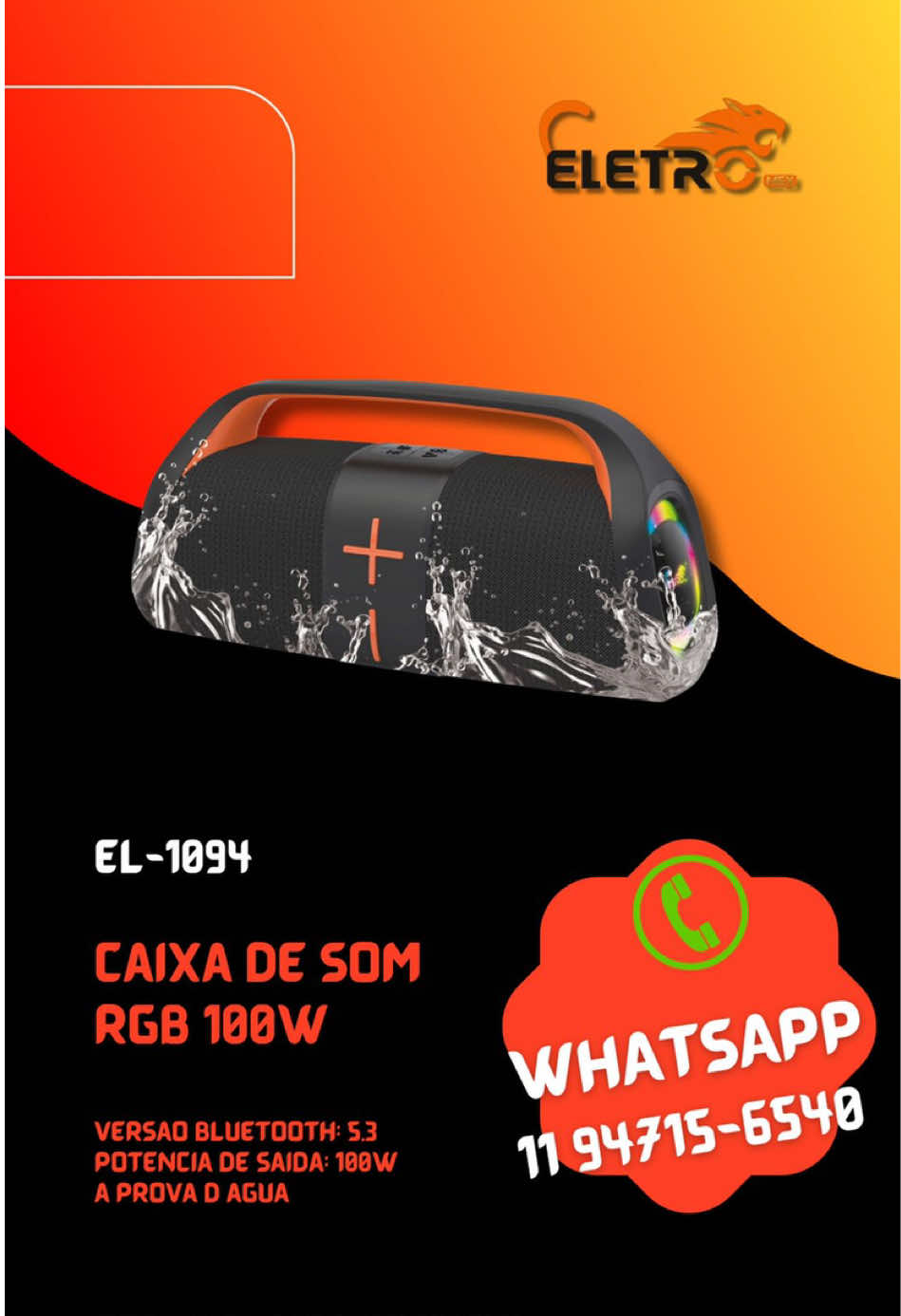 EL-1094  Caixa de som RGB 100w à prova d’água  #atacado #ofertas #eletronica #caixadesom #sonotranquilo 