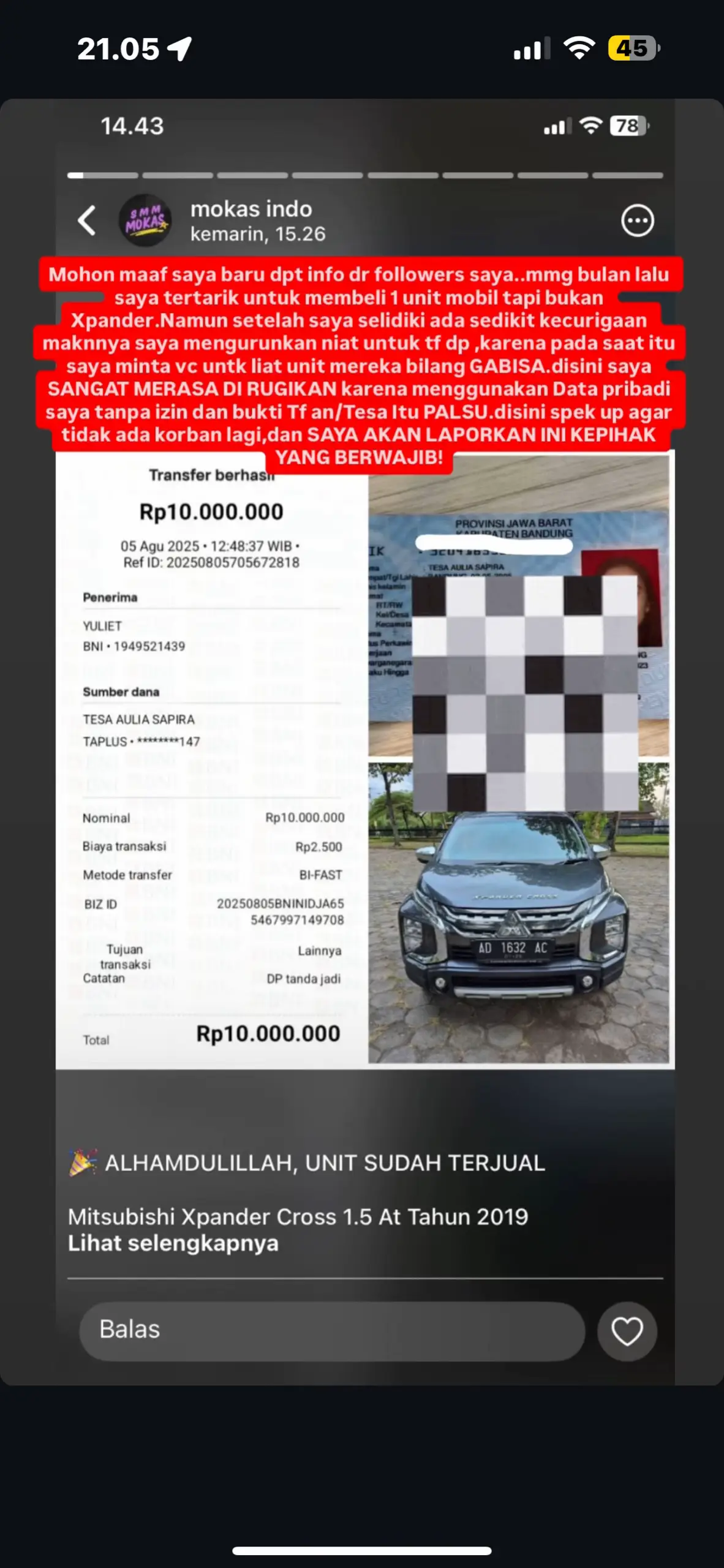 SAYA TUNGGU ITIKAD BAIKNYA 1x24 JAM.JIKA TDK SY AKAN LANJUTKAN KEPIHAK YANG BERWAJIB. @S M M  INDONESIA !!!!
