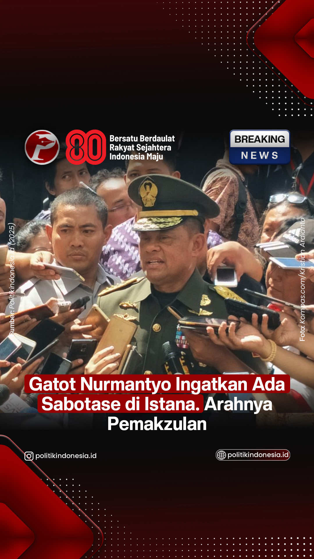 Presidium Koalisi Aliansi Menyelamatkan Indonesia (KAMI) Jenderal (Purn) Gatot Nurmantyo mengingatkan Presiden Prabowo Subianto bahwa presiden dikelilingi oleh kelompok pembantu presiden yang hendak mendelegitimasi dan meruntuhkan kekuasaannya dengan berbagai kebijakan yang merugikan rakyat.  Mantan Panglima TNI yang menjadi pembicara kunci dalam Reuni 5 Tahun KAMI di Jogjakarta, Senin malam (18/8/2020), mengisyaratkan ada gerakan terencana dari dalam Istana Negara yang sedang mencari cara untuk memakzulkan Prabowo yang baru berkuasa sepuluh bulan.  Ia lalu menguraikan satu persatu kasus yang memperlihatkan indikasi kuat ke arah itu. Salah satu yang mencolok adalah, tak lama setelah Prabowo dilantik sebagai Presiden, Menteri Keuangan Sri Mulyani memunculkan wacana kenaikan PPN dari 11% menjadi 12% per 1 Januari 2025.  Baca berita selengkapnya di https://www.politikindonesia.id/gatot-nurmantyo-ingatkan-prabowo-ada-sabotase-di-istana