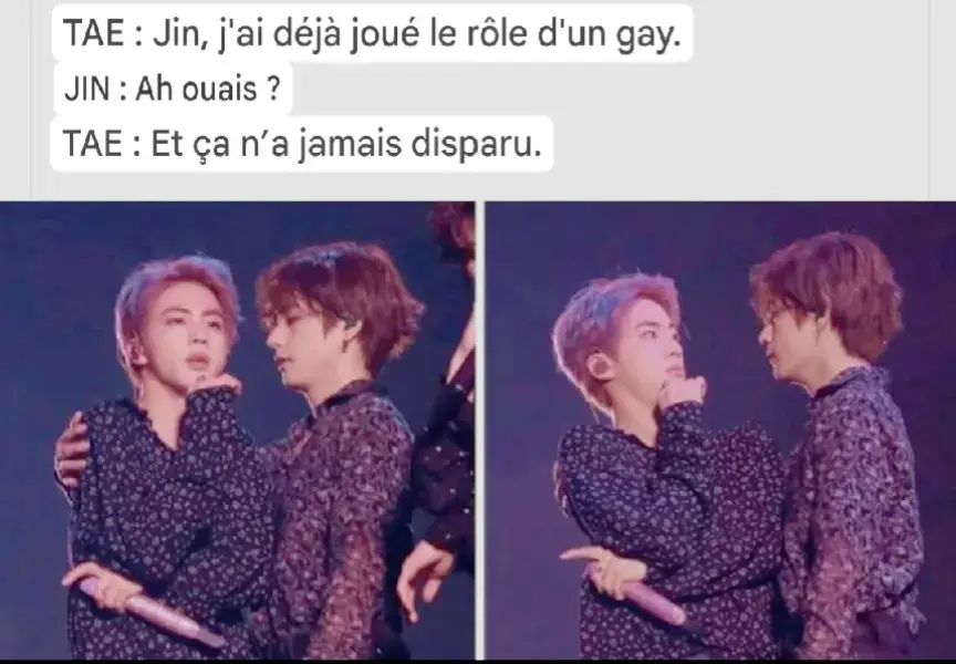 TAE : Jin, j'ai déjà joué le rôle d'un gay. JIN : Ah ouais ? TAE : Et ça n’a jamais disparu. #btsarmy #btsarmyforever #taehyung #jin #kpop 