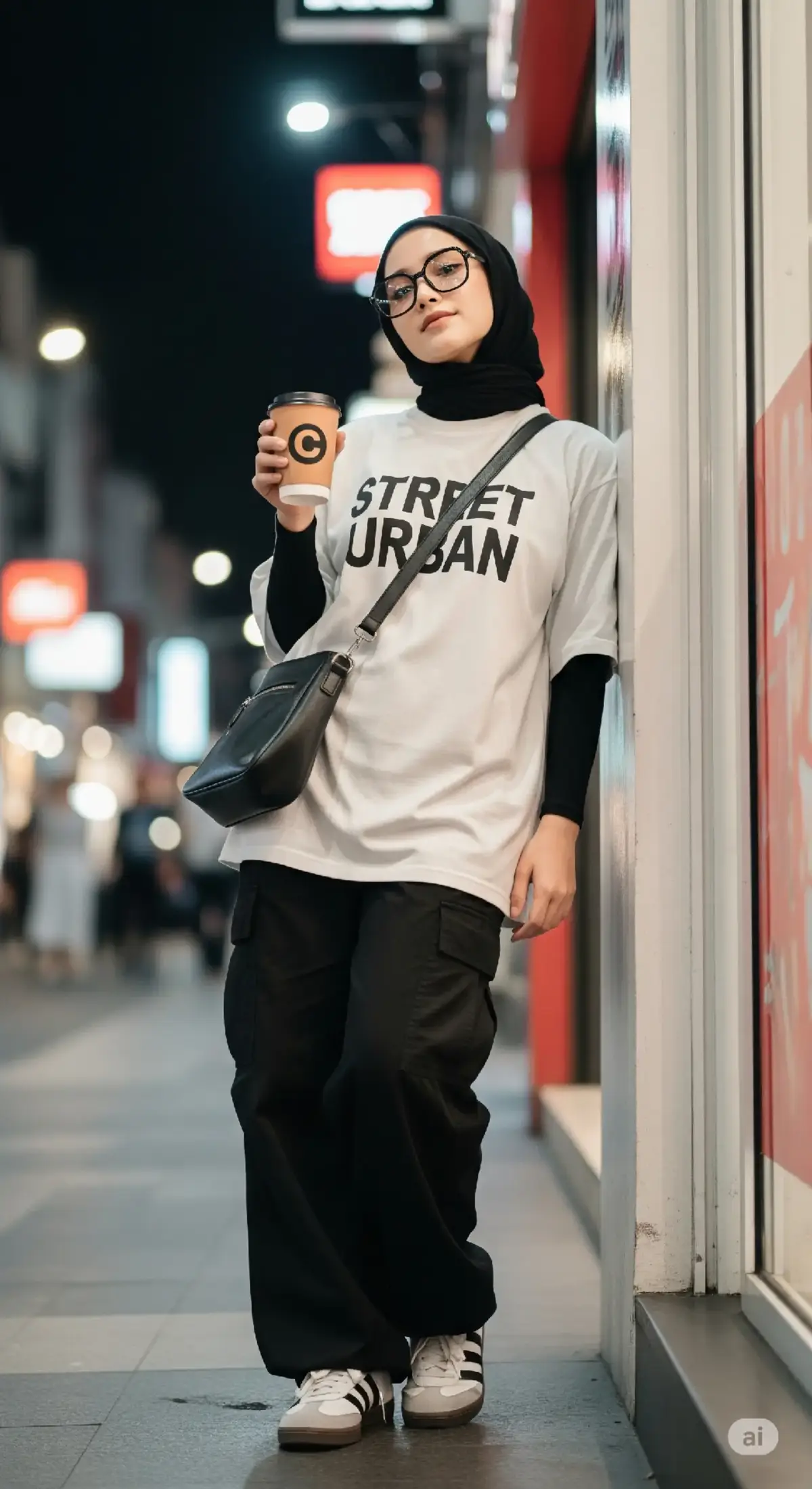 Seorang wanita Indonesia muda cantik berkulit cerah , ia berdiri santai ditembok pertokoan yang dibelakangnya tembok pertokoan di luar ruangan pada malam hari, diterangi oleh lampu jalan dan neon dari toko. Ia mengenakan hijab hitam sederhana, kacamata besar berbingkai hitam, serta kaos oversized putih dengan desain grafis tipografi putih di dada bertulis 