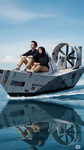 Bergema sampai selamanya  Prompt : Buatkan foto Sepasang kekasih indonesia, pria putih kurus berambut hitam belah tengah mengenakan kemeja hitam, celana krem, sepatu sneakers abu-abu, wanita berhijab mengenakan baju hitam celana krem, sepatu abu-abu, mereka duduk santai pose romantis di atas kendaraan unik berbentuk perahu kertas raksasa yang terbuat dari lembaran koran, mengapung di lautan. Kendaraan itu dilengkapi mesin baling-baling di bagian belakang, seperti hovercraft. Bayangan kendaraan terlihat jelas di laut. Langit biru cerah dengan sedikit awan, suasana imajinatif, surealis, dan penuh fantasi dengan detail realistis. Rasio 9:16 #nadhifbasalamah #kontenai #googlegemini #chatgpt #tutorial 