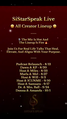 ✨ The mic is hot, the lineup is 🔥, and the vibes are intentional.  SiStarSpeak is BACK with 8 episodes and a full creator lineup that you do NOT want to miss. Each episode is a soul-shifting talk, featuring talented creators, thought leaders, legacy builders, spiritually guided and health experts for a purpose driven and holistic lifestyle approach you’ll love! 🪞From healing to humor, faith to fire, we’re tapping in and tuning up. Join us live as we pour up peace, power, and perspective every week. 💫 🎧 Tap in. Tag a friend. Let’s talk about it, on TikTok Live. 🗓 Wednesdays | 6PM PST / 9PM EST…. (Season Finale Oct. 1) #SiStarSpeak #TiktokLiveStudio #GoodPractice #CreatorLineup #HolisticLifestyle 