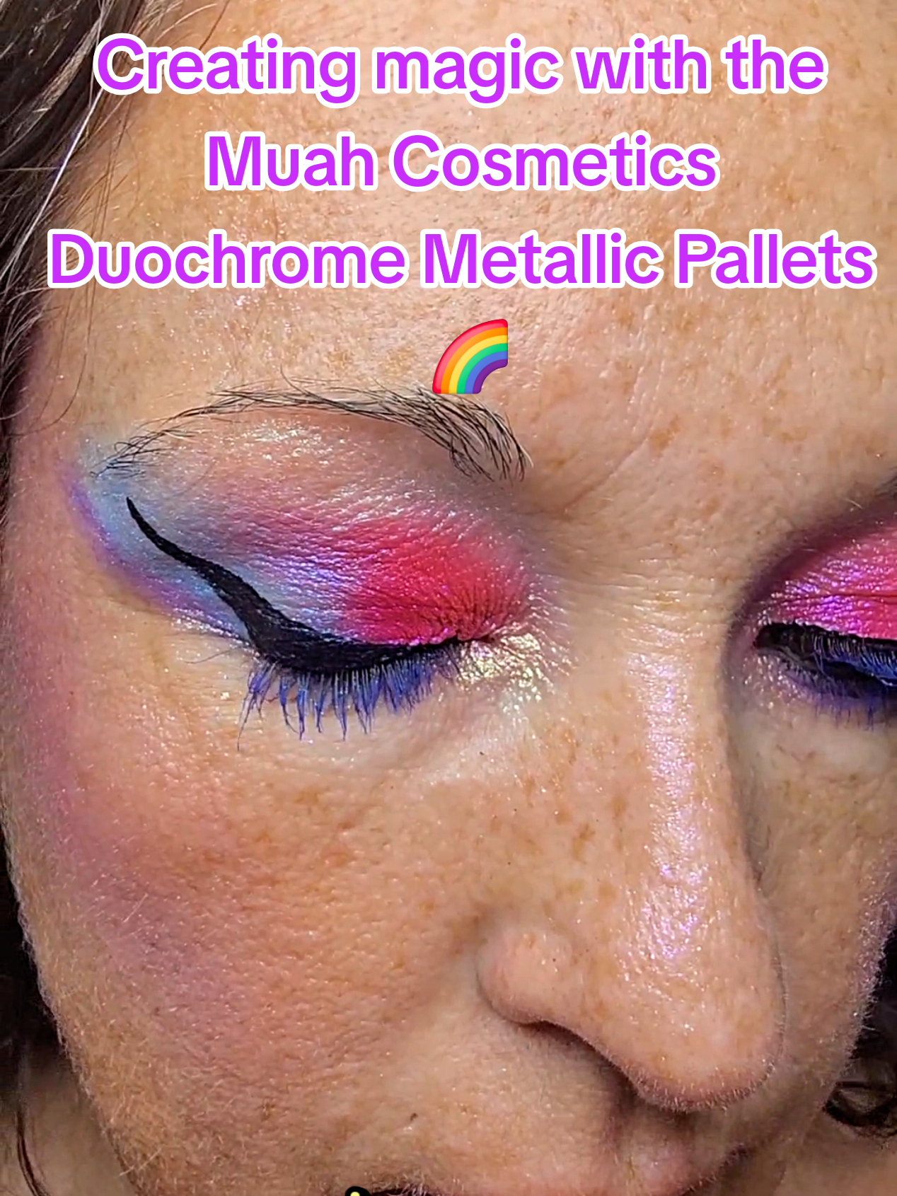 @Muah Cosmetics by fifi  Creating magic with the Muah Cosmetics Duochrome Metallic Pallets 🌈 I blended the pink and blue shades together to reveal the most stunning purple shimmer transition. These duochromes shift beautifully in the light and bring that extra pop to your eye look. Perfect for bold, creative makeup lovers who want to stand out! #MuahCosmetics #DuochromeMagic #MakeupObsessed #BoldEyeLook #ColorShift 