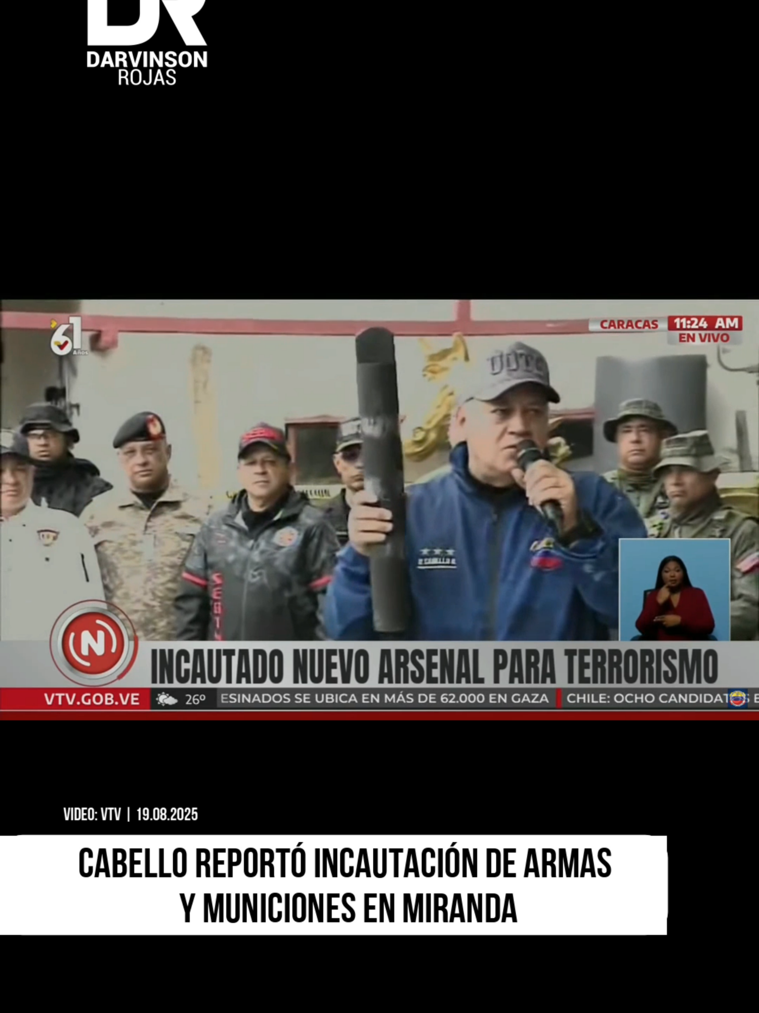 El vicepresidente sectorial de Política, Seguridad Ciudadana y Paz, Diosdado Cabello, informó sobre el hallazgo en el estado Miranda de un arsenal compuesto por armas y municiones de diferentes calibres, así como explosivos.  Entre lo incautado destacan una carabina, 23 rifles de francotirador, dos escopetas, un arma automática tipo rifle y varios lingotes de plomo.