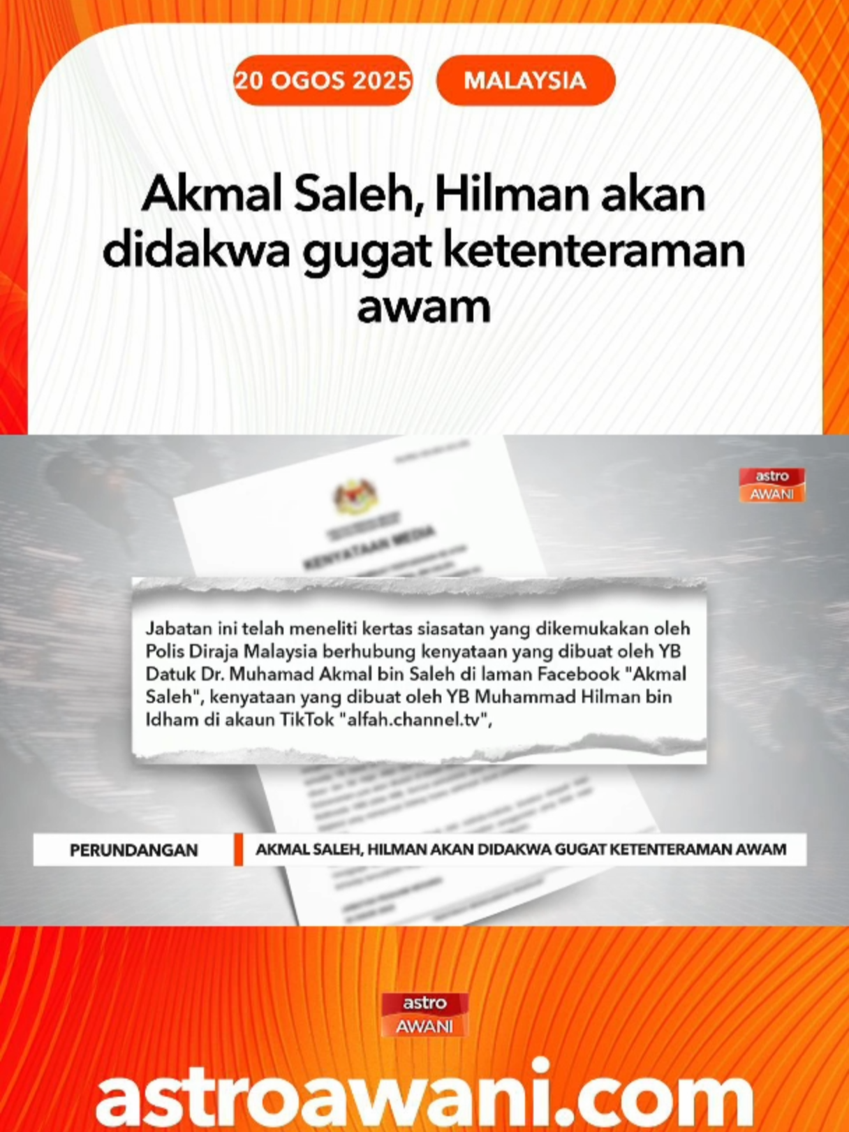Ketua Pemuda UMNO, Datuk Dr Muhamad Akmal Saleh bersama tiga individu lain akan didakwa atas kenyataan di media sosial yang didapati menggugat ketenteraman awam.  Jabatan Peguam Negara (AGC) menerusi kenyataan pada Selasa mengesahkan, Akmal bersama ADUN Gombak Setia, Muhammad Hilman Idham serta Siti Hajar Aflah Sharuddin akan berdepan pertuduhan mengikut Seksyen 505(b) Kanun Keseksaan. #AWANInews