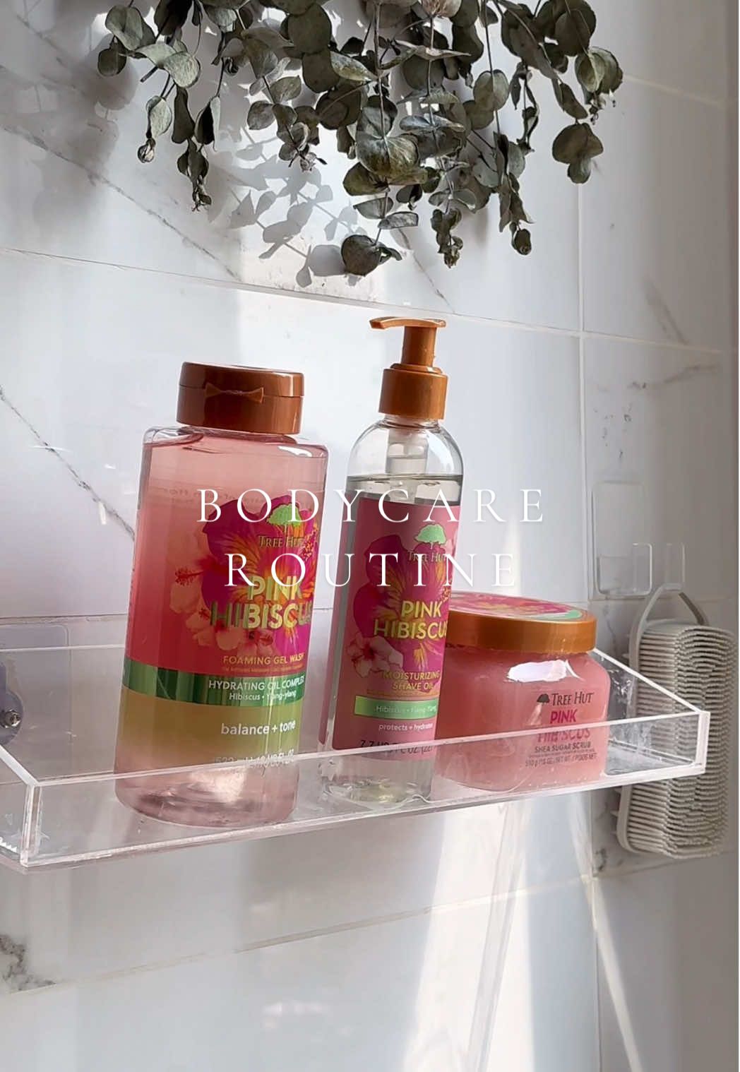 my 8 step body care routine for glass skin 🌸 using my essentials from @Tree Hut Pink Hibiscus collection infused with Ylang Ylang and Hibiscus extract 🤍 available at Walmart #treehutpartner #asmr #SelfCare #bodycare #showertok  
