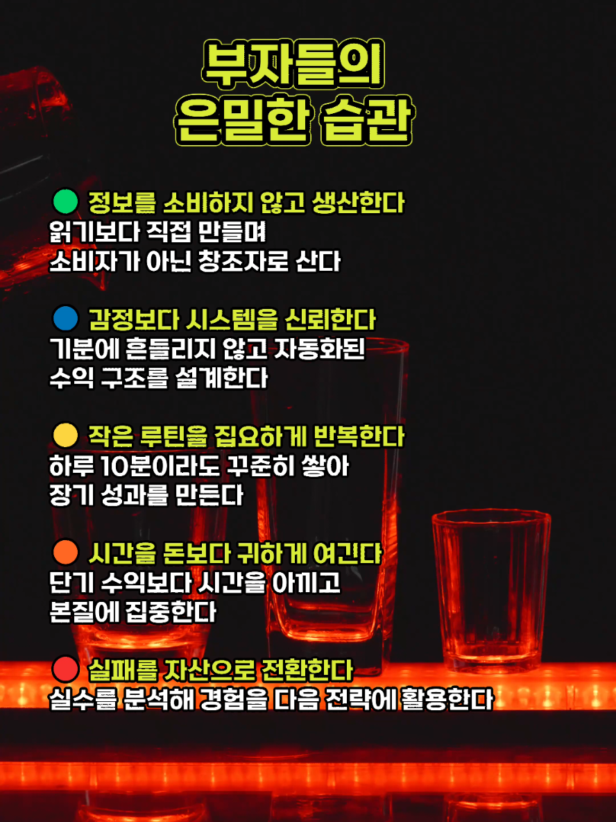 부자는 태도보다 습관에서 만들어집니다. 정보를 소비하지 않고 생산하며, 감정보다 시스템을 믿습니다. 작은 루틴을 반복하고, 시간을 돈보다 귀하게 여기며, 실패조차 자산으로 바꾸는 사람들. 👉 당신의 습관은 어떤가요? #부자습관 #부자되는법 #성공습관 #부자마인드 