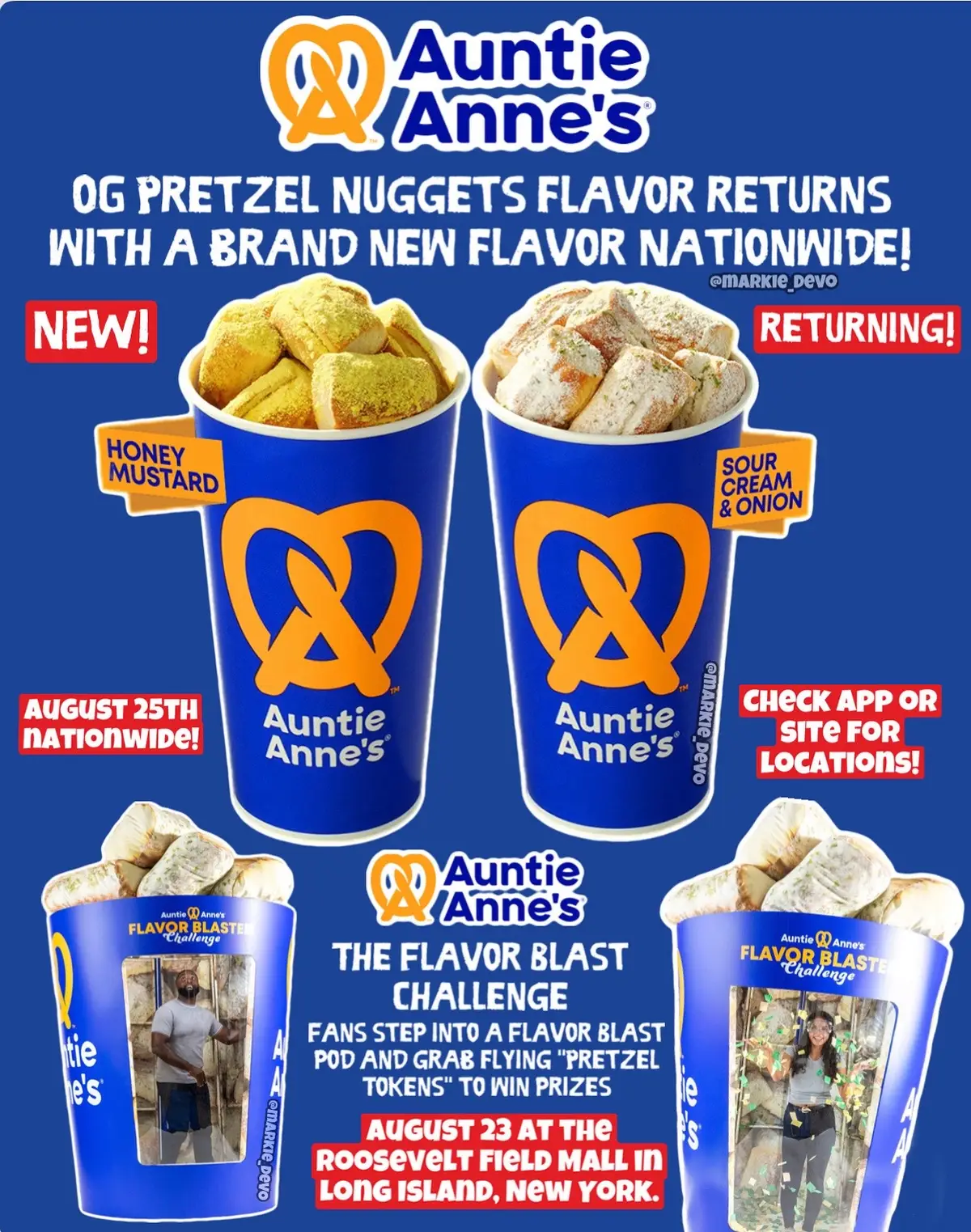 Snack? no! Guy dinner? yes!✊🏻 Auntie Anne’s brings back an OG Pretzel Nugget flavor followed by a brand new flavor. -NEW Honey Mustard Flavor Blast Nuggets, a sweet and zesty twist on the classic dipping sauce.  -RETURNING Sour Cream & Onion 💲If you’re in NY, you could win prizes!!  Step into a Flavor Blast pod, catch flying “Pretzel Tokens” win prizes.  When::August 23, 2025, 11:00 AM–4:00 PM ET Where::Roosevelt Field Mall, 630 Old Country Road, Garden City, NY 11530 (18+, 13-17 with an adult). 📍Get the new & returning Pretzel Nuggets flavors at participating Auntie Anne’s locations nationwide starting August 25th. (News/Image::Auntie Anne’s) Will you try these👇🏻 #foodvlog #FoodTok #foodtikok #snack #snacks 