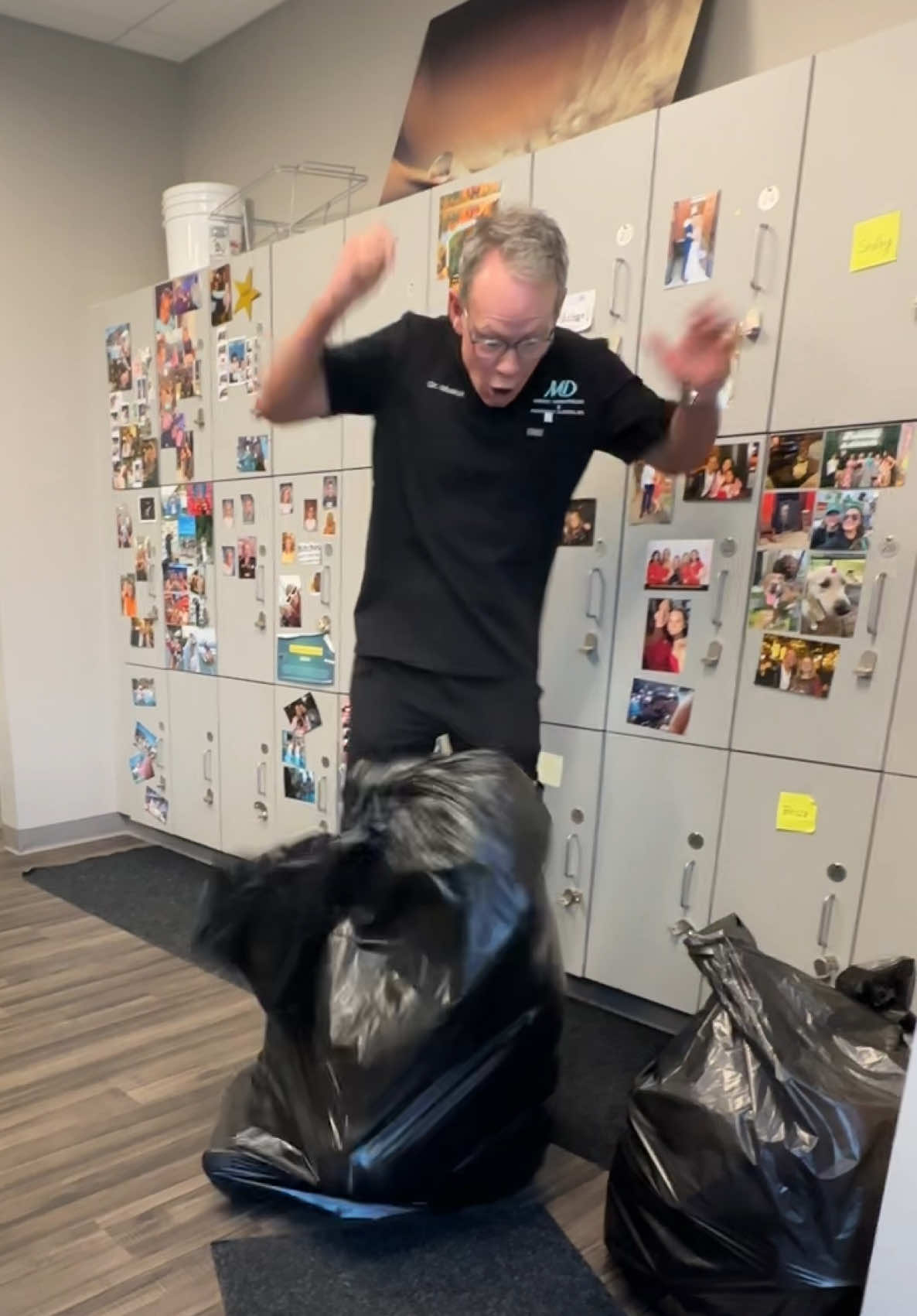 When the trash takes YOU out…🤣🗑️ Thanks Dr. Musick for always being a good sport and putting up with our pranks!🩵 #dermatologist #prank #officepranks 