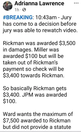Judgement for plaintiff!!  Forgive me for asking, but wasn't small claims court where the maximum amount awarded would be $7500? Was this not a civil trial with jury?  I absolutely think JP should be responsible for paying Sam's attorney fees because he initiated all of these frivolous lawsuits!  Once again, awesome coverage, @Adrianna and way to stand strong @micasducks #justiceformicafrancis #justiceformica #justiceforallvictims #solidrockatmarketcommon #mercychurchministries 