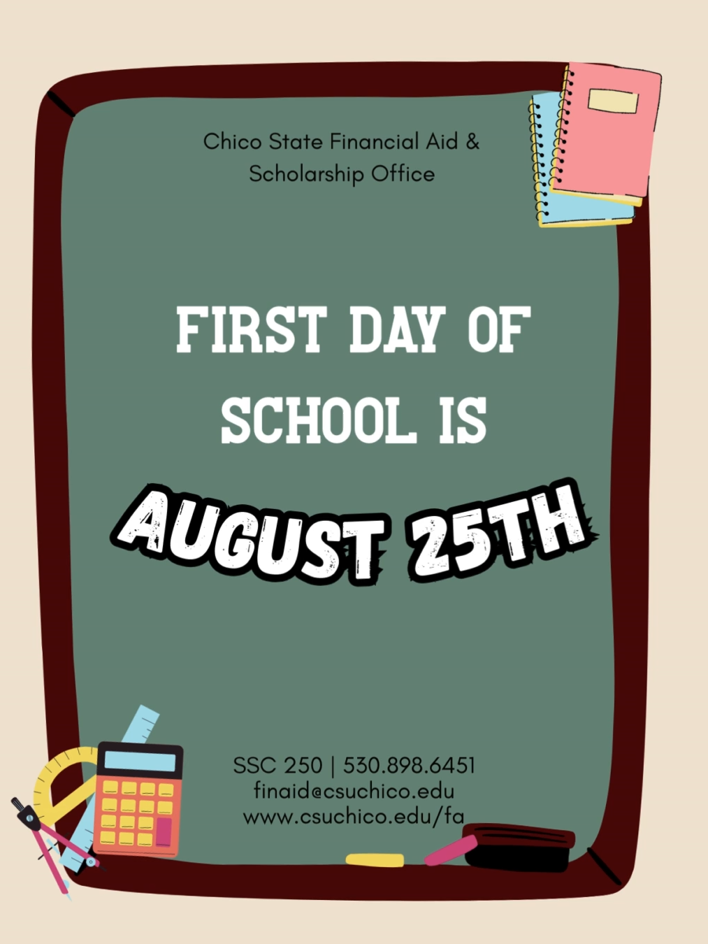 Wildcats 1 more week until classes start! Make sure to stop by our office with any financial aid questions. #chicostate#college#financialaid#wildcats#school#starts#oneweek#willy