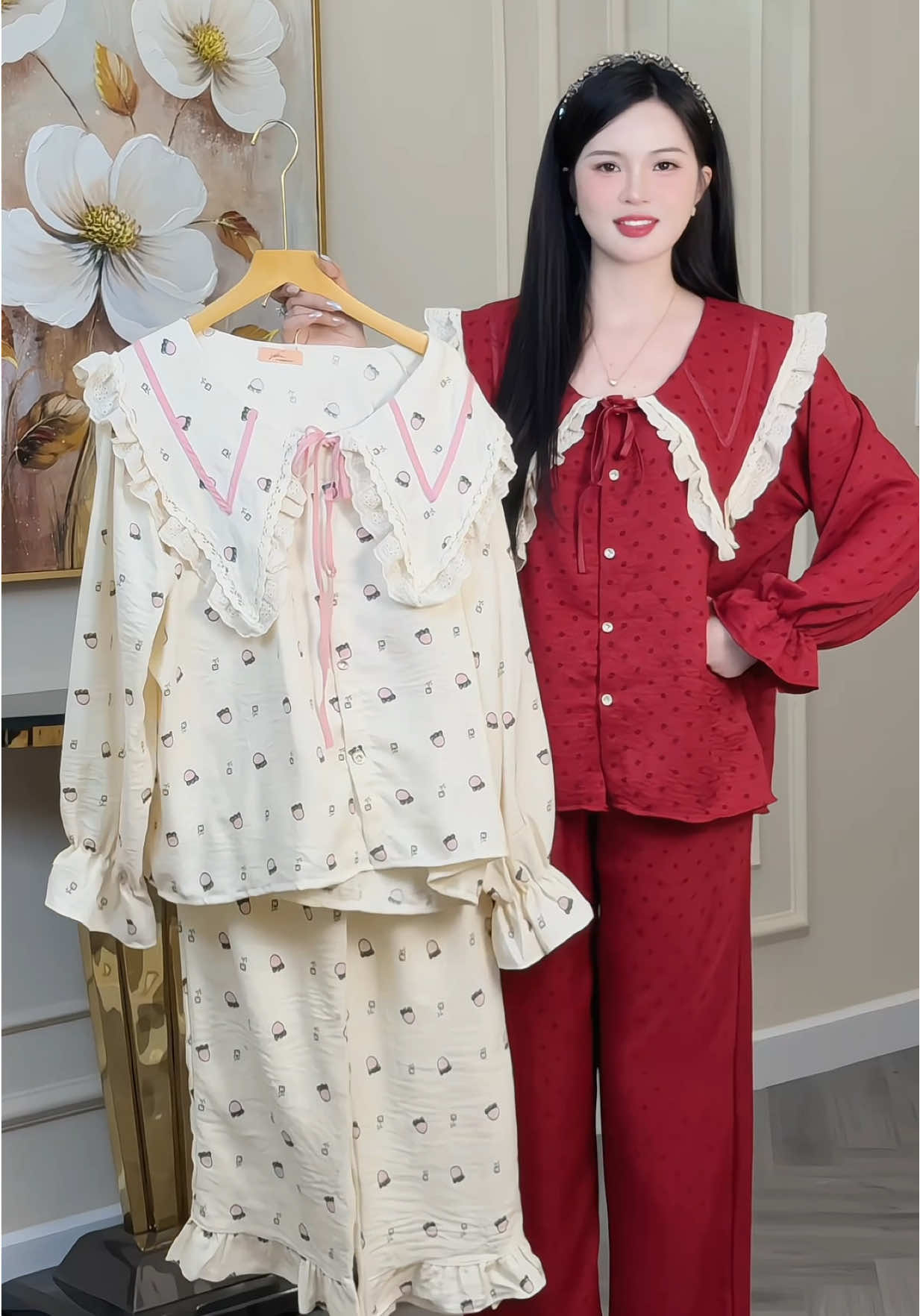 Đồ bộ mặc nhà hoạ tiết dễ thương cổ bèo vạt sen #champhanreview #pijama 