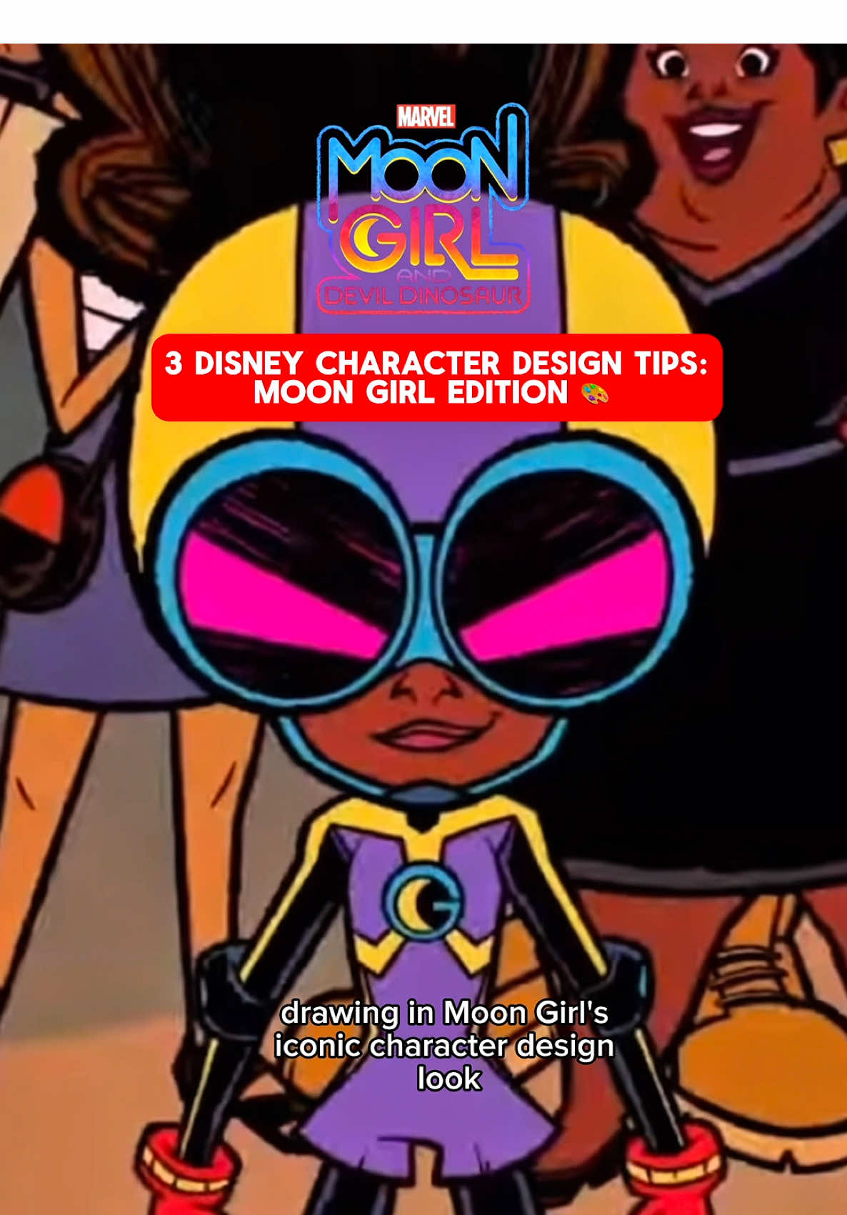 Top 3 Character Design Hacks from My Time at Disney ✍🏾✨ While interning on Moon Girl and Devil Dinosaur, I had the chance to work under the incredible Jose Lopez, whose style helped define one of the boldest looks in modern TV animation. Today, I’m breaking down 3 core principles that shaped the Moon Girl visual identity — so you can bring that same energy into your own designs: 1.Line work: Use a bold, sketchy outer brush for structure and a thinner brush for facial detail, folds, and accessories. 	 2.Shape language: Mix blocky, jagged forms with round appeal. The characters are expressive and anime-inspired—built for movement and flexibility. 3.Spotted black: Strategically “fill” areas like hair and clothing to suggest depth, volume, and texture using bold, inky patches. These were some of the fundamentals I got to practice firsthand while designing background characters for the show — and now you can use them too! Huge thanks to Jose for the direction, wisdom, and design philosophy that shaped my time on the show! #MoonGirlAndDevilDinosaur #DisneyTVA #CharacterDesign #MoonGirlStyle #AnimationDesign                 