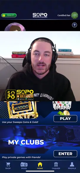 Day 2 of chasing the BTC jackpot on SOPO. One buy-in. All-in. Win or bust. P&L: -10 SC. Discord for daily giveaways.