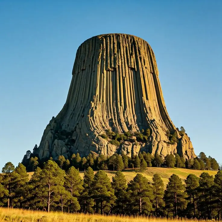 Башня Дьявола (Devils Tower National Monument) – это необычная природная формация в штате Вайоминг США, которая была образована застывшей лавой и выглядит как столовая гора. Она возвышается почти на 400 метров над прекрасной равниной, получившей статус Национального памятника (по-нашему это называется заповедник) и является священной горой для многих племен индейцев США. Башня Дьявола интересна в первую очередь своей необычной формой и является уникальным геологическим образованием. И хотя она находится в малонаселенной местности в северной центральной части США, мы так хотели ее увидеть, что отправились туда на машине, сделав не маленький крюк в маршруте нашего большого путешествия по США.