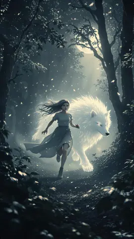 Prompt available in the caption 🔥 Midnight Run 🌕 #wolfspirit #midnightsprint #Love #instagood #nightvibes #hdedit The girl sprints beside the ghost wolf as the camera pulls low and fast through moonlit underbrush, her dress whipping and leaves scattering in their wake; spectral light trails ripple from the wolf’s fur as shafts of moonlight slice between rushing tree trunks.