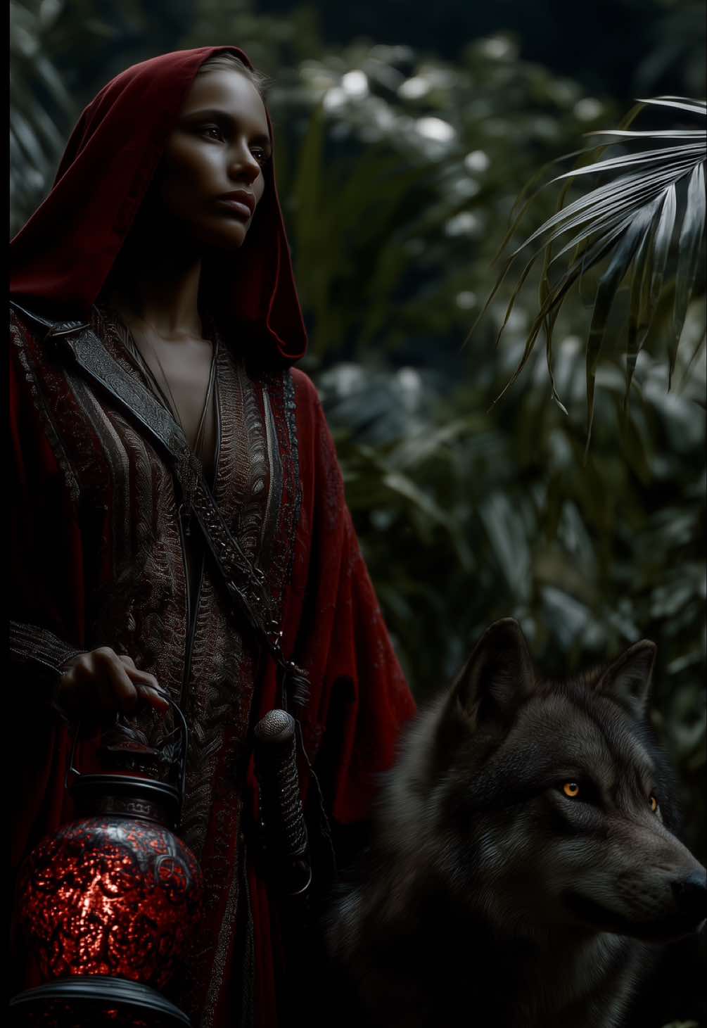 “The Living Tree of Light” 🏮  Through the darkness of the mist-covered forest walks a girl with a red lantern. Its flame is the reflection of her soul, her breath and her heart. At her side moves the she-wolf, the shadow turned flesh. Together they seek for the Living Tree of Light, the ancient source of truth. Only by joining the human heart with the power of the instinct can they awaken its radiance.
