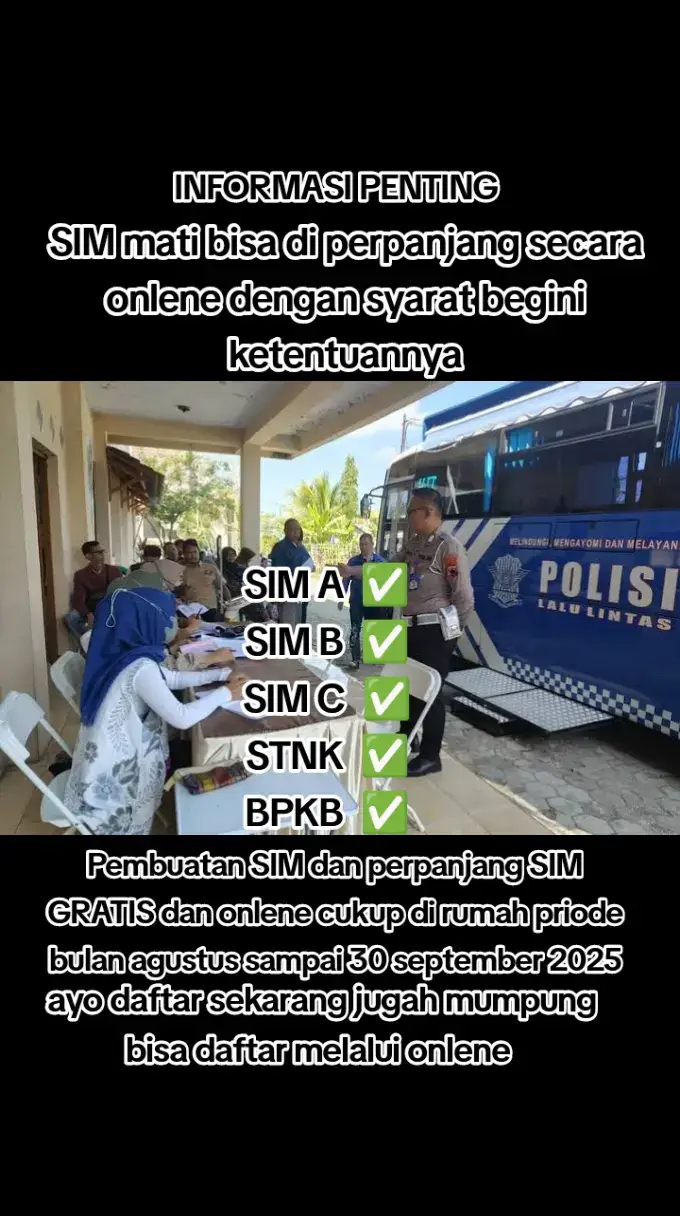 kabar baik kini program Pembuatan dan  perpanjang SIM secara online GRATIS untuk  seluruh masyarakat di Indonesia!  cek cara & syaratnya, jagan sampai  ketinggalan!  #simgratis #siminline  #perpanjangsim #SIM #simb #sim