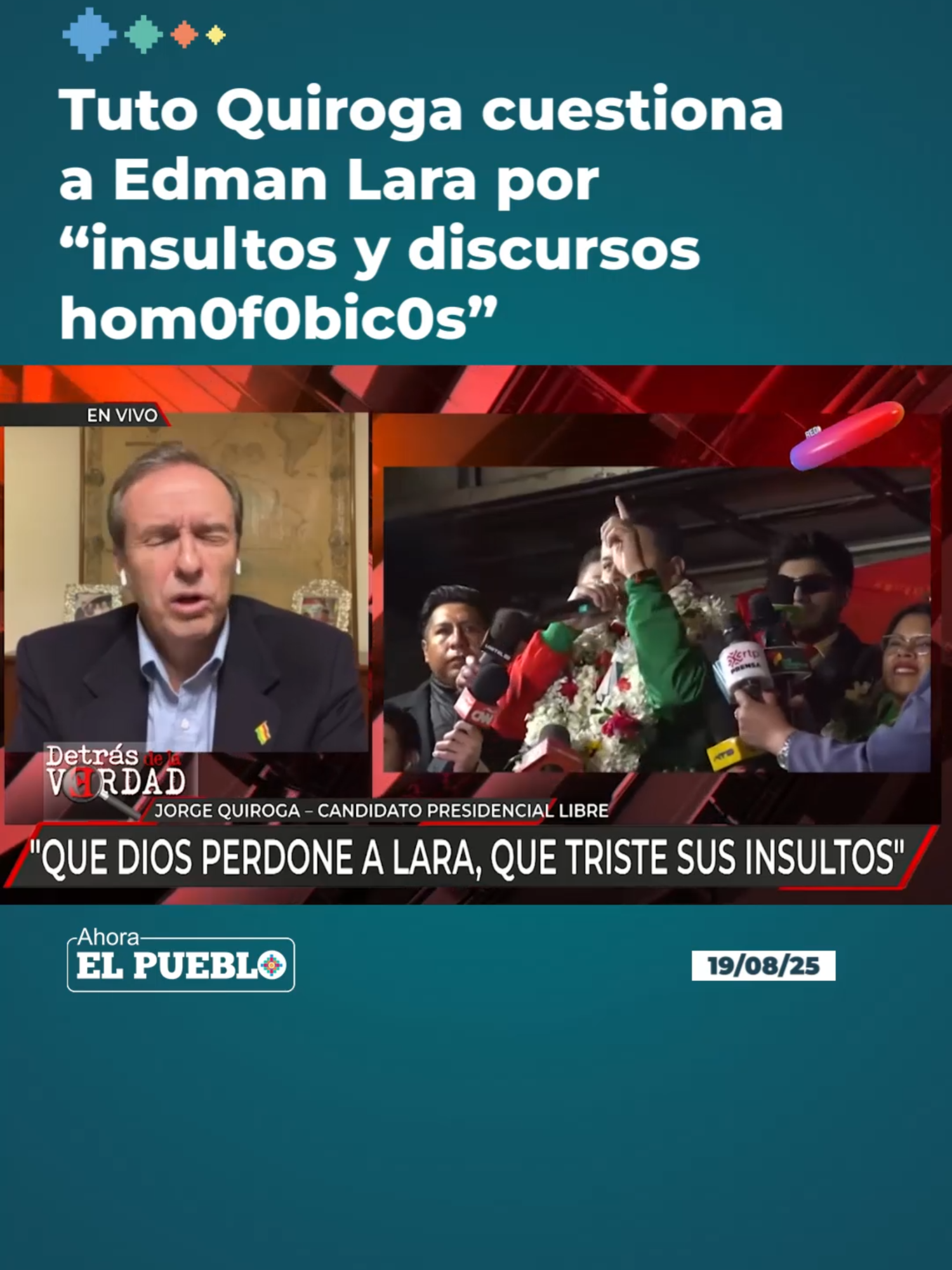 🚨🗳️🔍 El candidato presidencial Tuto Quiroga criticó el discurso de Edman Lara, postulante a la vicepresidencia por el PDC, a quien acusó de usar “insultos hom0f0bic0s y cobardes”. Señaló que Bolivia espera propuestas y no 