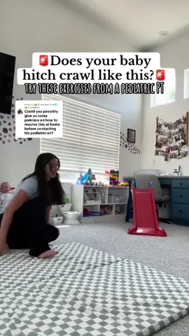 Replying to @👑🩵Jasmine King🩵👑 Here are some exercises to help a baby progress from hitch crawling to hands and knees crawling. Crawling with one leg bent behind and one leg out in front can be typical when a baby is first learning to be mobile. If it persists past a month, that’s when we should intervene. Hitch crawling will not bring the same benefits as crawling on hands and knees. It also typically indicates a tightness/weakness in the front leg. It can also indicate a core weakness, motor planning issue, sensory issues, or problems with reflex integration! #childdevelopment #babydevelopment #pediatricphysicaltherapy #babymilestones #babycrawling 